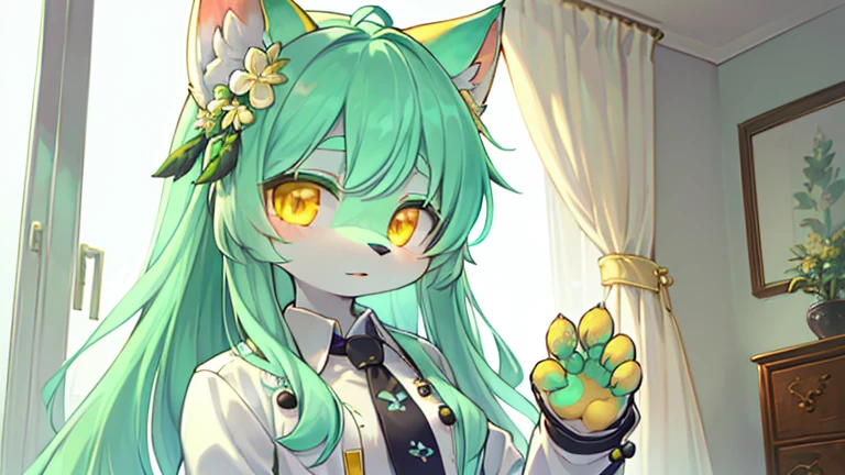 beautiful (furry wolf girl), (small breasts), ((detailed features)), ((detailed fingers, precise fingers,)) (((not unnatural hands))), natural pose, illustration, vibrant colours, apartment interior, 1 girl, solo, ((mint green coloured poofy hair)), flower hair ornament, beautiful (glowing) yellow eyes, (wearing a white jacket with golden trims and detailing), (((black button up))), ((golden necktie))
