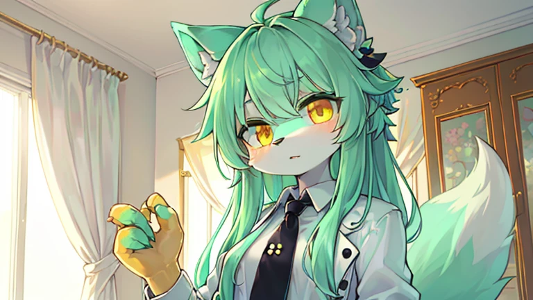 beautiful (furry wolf girl), (small breasts), ((detailed features)), ((detailed fingers, precise fingers,)) (((not unnatural hands))), natural pose, illustration, vibrant colours, apartment interior, 1 girl, solo, ((mint green coloured poofy hair)), flower hair ornament, beautiful (glowing) yellow eyes, (wearing a white jacket with golden trims and detailing), (((black button up))), ((golden necktie))