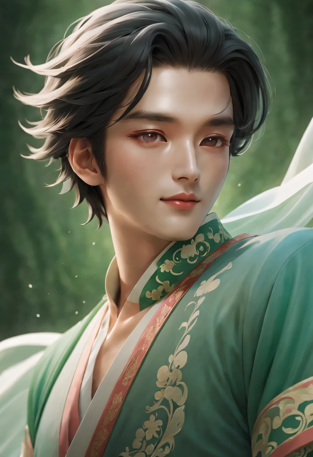 (male character design), whole body, Staring at the camera,
Close-up of a beautiful Chinese girl named Song Yu making tea, With silver curls and thick hair. Song Yu's facial features are correct,Symmetrical face shape. His eyebrows are long and thick, slightly raised, Gives people a sense of confidence and persistence. His eyes were bright and vibrant, Like a star, Revealing a kind of wisdom and agility. His nose was straight,Does not protrude, It gives a noble temperament. His lips were rosy and full, Slightly upturnedGive people a kind of tenderness亲切的感觉, Have smooth and flawless facial lines, perfect as a sculpture. Lips are red and plump, Slightly upturned, Give people a kind of tenderness、friendly feeling. His smile is bright and natural, reveal a kindness、Tolerant demeanor. The lines of his lips are soft and smooth, There are no flaws, Like delicate rose petals. As far as skin is concerned, Song Yi’s skin is fair and delicate, Smooth as white jade,No wrinkles, young as a boy. Skin appears healthy、Radiant appearance, Gives people a fresh and pure feeling. His cheeks flushed slightly, Revealing a hint of bitterness and cuteness (Wearing an emerald veil),
HD, high quality, HD Analysis, 32k, Surrealism,