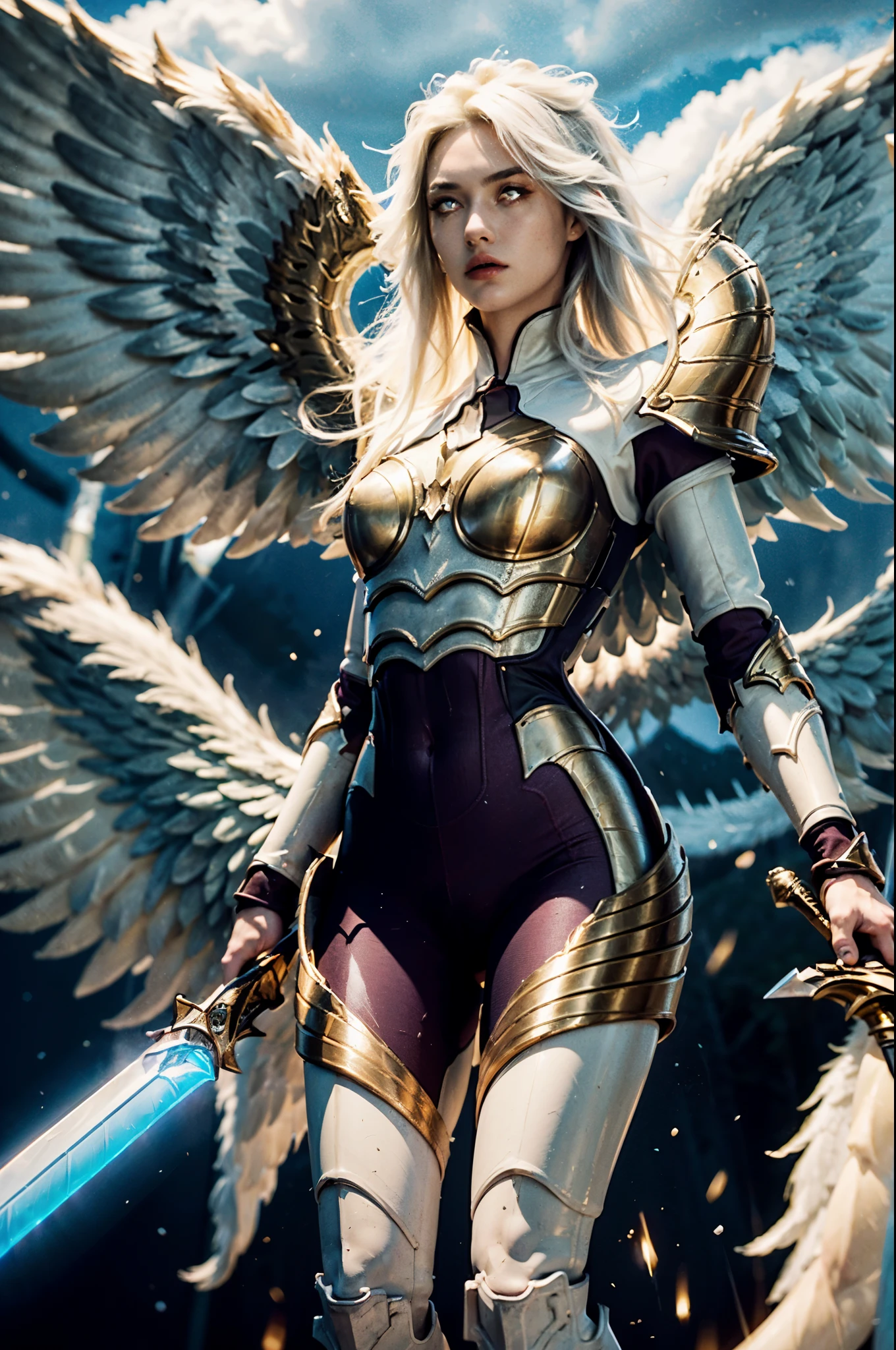 (1girl), (solo), kayle \(league of legends\), The highest image quality, RAW photography, masterpiece, (photorealistic:1.4), absurdres, ultra detailed, hyper realistic, octan render, sharp focus, cinematic lighting, (Angel, big  white angel wings), perfect long legs, ((Sword of Fire)), White and Gold Celestial Armor, Blonde hair flying in the wind, She's flying in the clouds