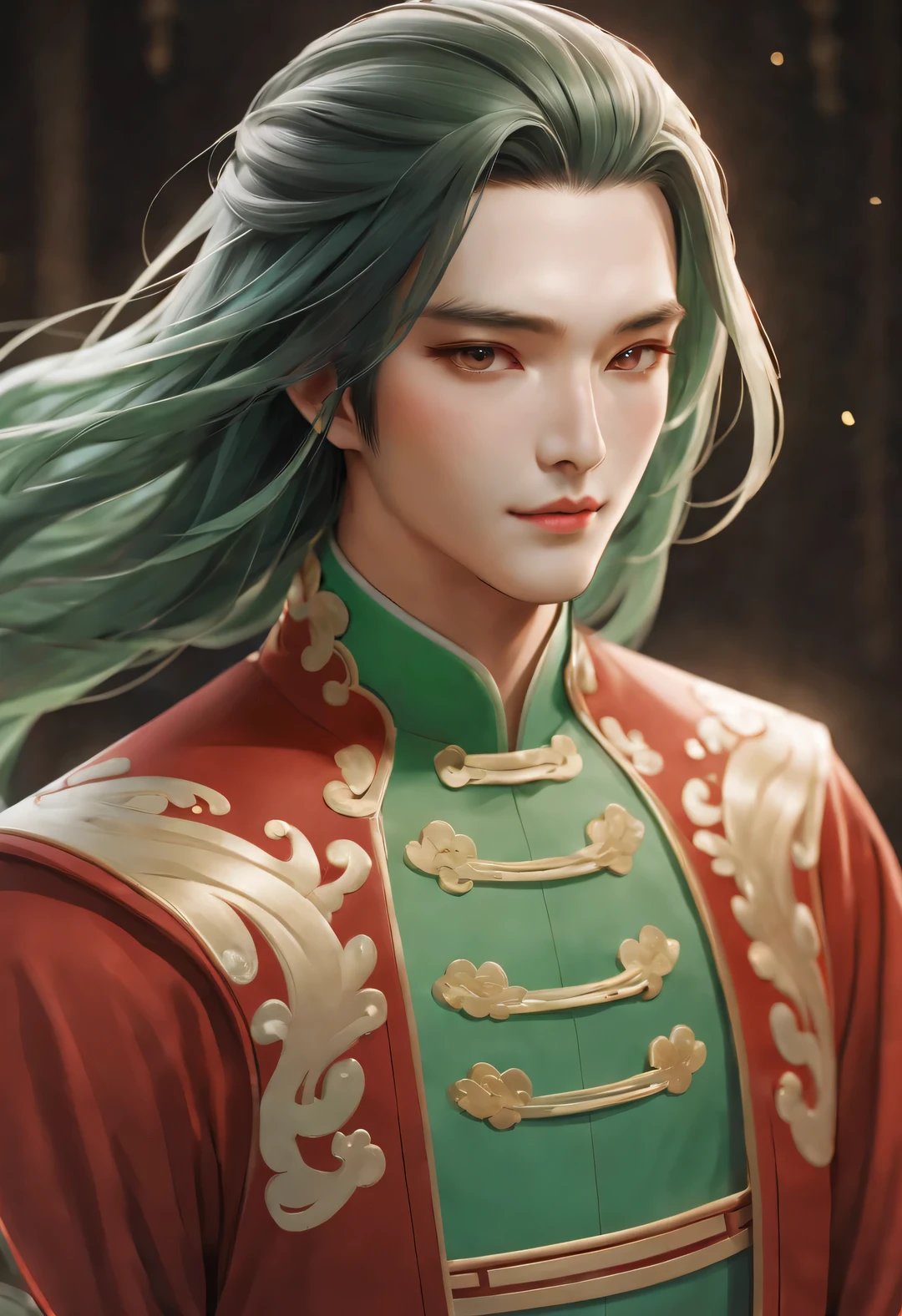 (male character design), whole body, Staring at the camera,
Close-up of a beautiful Chinese girl named Song Yu making tea, With silver curls and thick hair. Song Yu&#39;s facial features are correct，Symmetrical face shape. His eyebrows are long and thick, slightly raised, Gives people a sense of confidence and persistence. His eyes were bright and vibrant, Like a star, Revealing a kind of wisdom and agility. His nose was straight，Does not protrude, It gives a noble temperament. His lips were rosy and full, Slightly upturnedGive people a kind of tenderness亲切的感觉, Have smooth and flawless facial lines, perfect as a sculpture. Lips are red and plump, Slightly upturned, Give people a kind of tenderness、friendly feeling. His smile is bright and natural, reveal a kindness、Tolerant demeanor. The lines of his lips are soft and smooth, There are no flaws, Like delicate rose petals. As far as skin is concerned, Song Yi’s skin is fair and delicate, Smooth as white jade，No wrinkles, young as a boy. Skin appears healthy、Radiant appearance, Gives people a fresh and pure feeling. His cheeks flushed slightly, Revealing a hint of bitterness and cuteness (Wearing an emerald veil),
HD, high quality, HD Analysis, 32k, Surrealism,