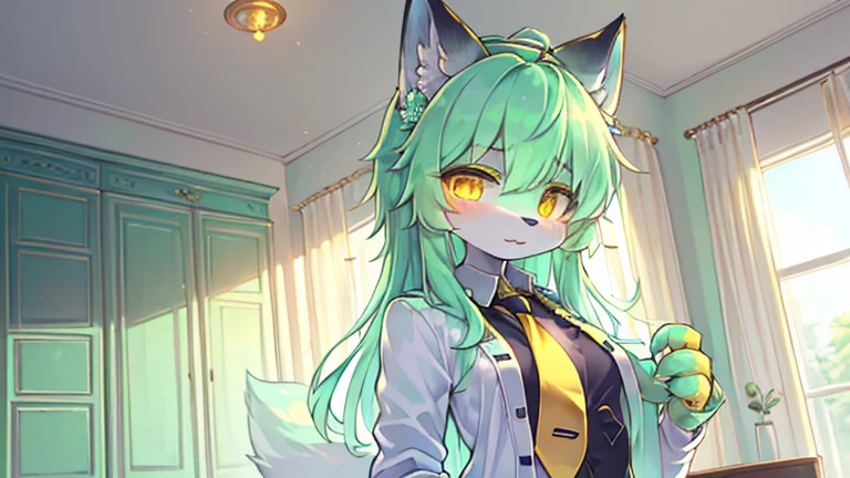 beautiful (furry wolf girl), (small breasts), ((detailed features)), ((detailed fingers, precise fingers,)) (((not unnatural hands))), natural pose, illustration, vibrant colours, apartment interior, 1 girl, solo, ((mint green coloured poofy hair)), flower hair ornament, beautiful (glowing) yellow eyes, (wearing a white jacket with golden trims and detailing), (((black button up))), ((golden necktie)) 