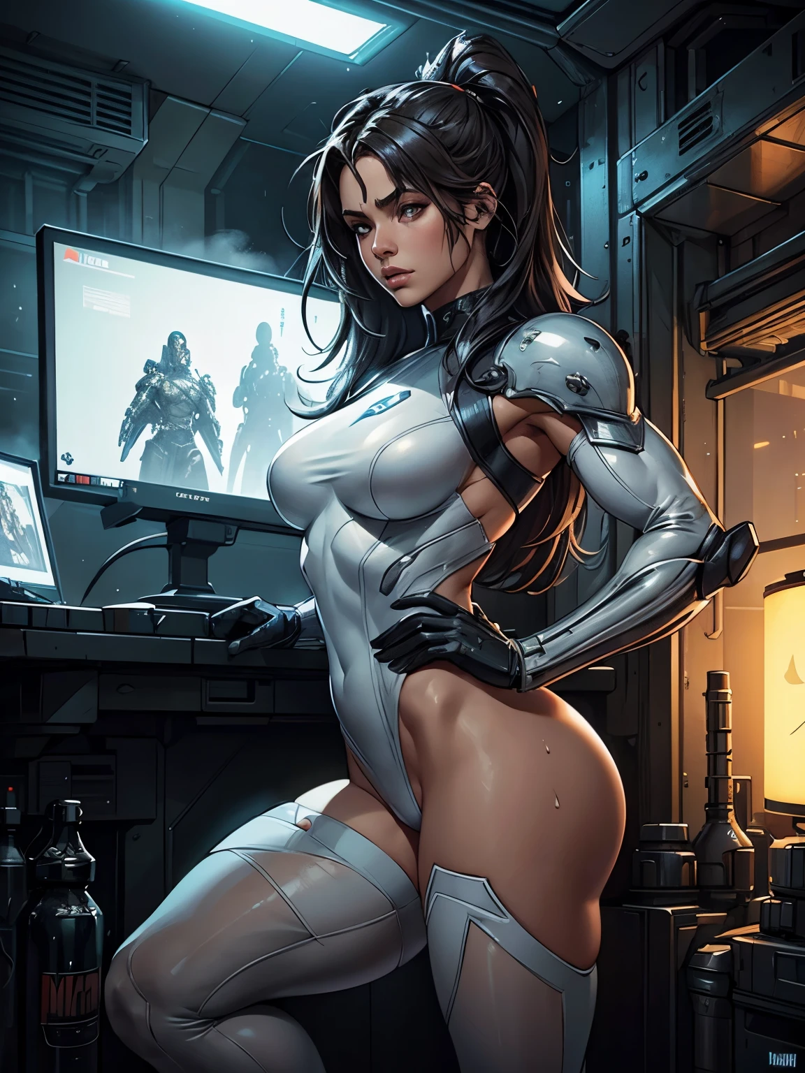 Remy LaCroix, Perfect Face, Perfect body, bodybuilder, White Swinsuit armored cyberpunk, Pretty Features, Spaceship Interior, Wadim Kashin, James Gurney, INK, Splash Art", Royo, Sharp Focus, Emitting Diodes, Smoke, Artillery, Sparks, Racks, SYSTEM Unit, Motherboard, by Pascal Blanche Rutkowski Repin Artstation Hyperrealism Painting Concept ART of Detailed Character Design Matte Painting, 4K Resolution Blade Runner, Mysterious 