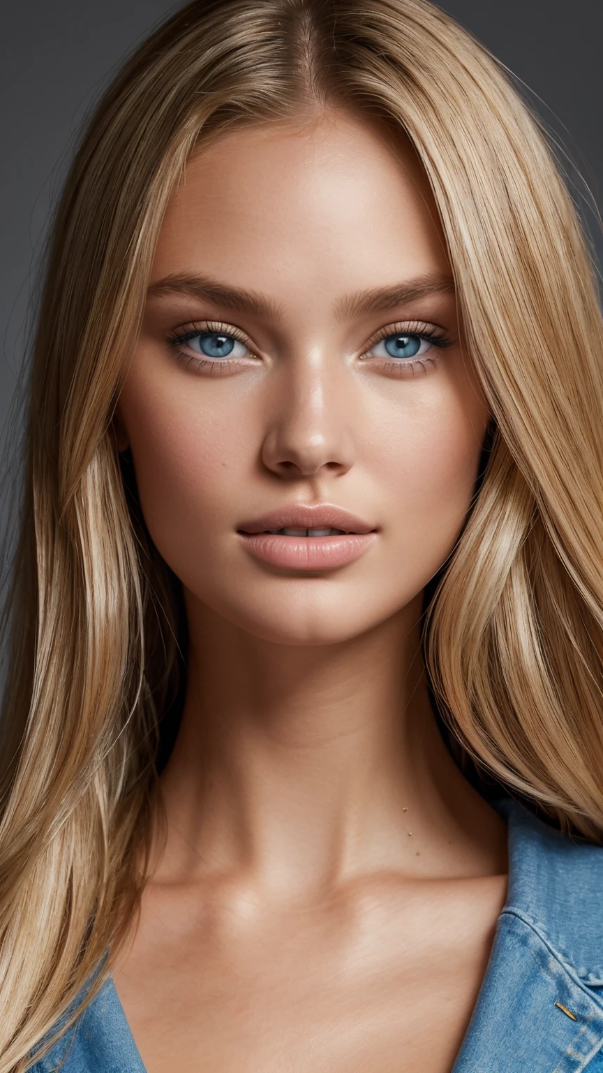 Very detailed photo of a young, beautiful girl of 25 years.  Portrait on a white background. She looks like Romee Strijd plus Candice Swanepoel. Also  she has some characteristics of a Ukrainian woman, has plump juicy lips, detailed eyes, detailed lips.  Has big blue eyes.  Hair is straight, slightly twisted, BLONDE hair.
((Pre-)), beautiful girl.
(high quality, ultra-detailed, realistic:1.2, ultra realistic 8k, ultra detailed, vibrant colors, studio lighting.  Shot on sony a7lll 85 mm.  3d face model.  great detail. hyper-detailed, best quality, ultra-high resolution, HDR, 8k)
