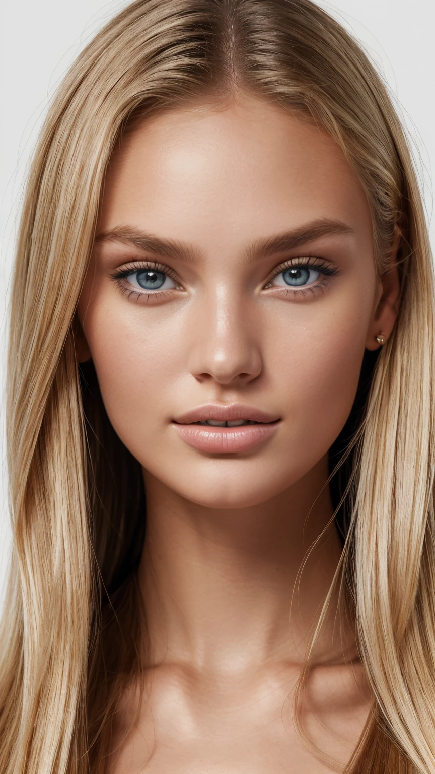 Very detailed photo of a young, beautiful girl of 25 years. Portrait on a white background. She looks like Romee Strijd plus Candice Swanepoel. Also she has some characteristics of a Ukrainian woman, has plump juicy lips, detailed eyes, detailed lips. Has big blue eyes. Hair is straight, slightly twisted, BLONDE hair.
((Pre-)), beautiful girl.
(high quality, ultra-detailed, realistic:1.2, ultra realistic 8k, ultra detailed, vibrant colors, studio lighting. Shot on sony a7lll 85 mm. 3d face model. great detail. hyper-detailed, best quality, ultra-high resolution, HDR, 8k)