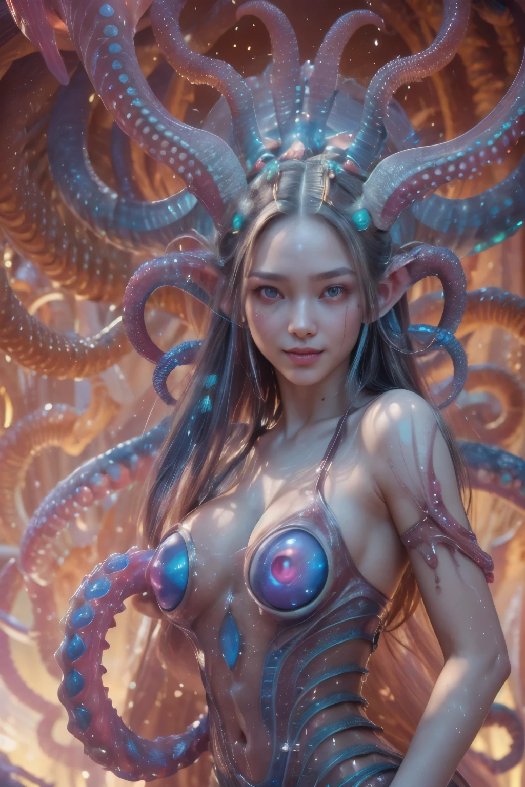 scary and sexy detailed art in color, Portrait, (beautiful and obscene female alien:1.4), (vulgarity1.7), (she has red eyes with no pupils:1.8), (Translucent blueskin:1.7), (There is a female genital-like organ in the middle of the forehead:1.9), (The most beautiful face in the history of the universe:1.2),an evil gaze that seduces, (large mouth:1.1), (sharp teeth like a vampire:1.2), Full body portrait, (bio luminescent:1.5), (Smile wickedly:1.3), (sexypose:1.5), alien, No humans, cells are fused, (Lots of translucent tentacles:1.3) extraterrestrial, cell, bio image, best quality, 8K,In 4K_quality, High freshness, Dramatic Lighting, masutepiece:1.5,cinematic quality, detail up, (exquisite details:1.2), high resolution, High freshness, drawing faithfully, (Thick eyebrows:1.2), Beautiful eyes with fine symmetry,(Highly detailed face and eyes:1.2), Intimate face, (Super detailed skin quality feeling:1.4), perfect anatomy, (Beautiful toned body:1.5), (Moist skin:1.2), not wearing makeup, (dark circles:1.1), long canines, cinematic drawing of characters, ultra high quality model, cinematic quality, detail up, (exquisite details:1.2), high resolution, High freshness, drawing faithfully, official art, Unity 8K Wall paper, best quality, Very high resolution, ultra detailed artistic photography, midnight aura, unreal engine 5, Ultra Sharp Focus, art by Amano Yoshitaka, ArtGerm, Roisch, intricate artwork, best quality, masterpiece, ultra high resolution, (photos realistic:1.4), ultra realistic realism, dream-like, nautilus, Creation of fantasy, Snail, Dream Snail, (biopunk nautilus:1.3),Thrilling color schemes, ultra realistic realism, seductively smiling, Blue tentacles, Amazing mutation, well-proportioned body, goddess of the deep sea