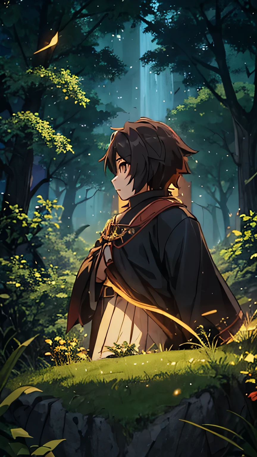 Create a detailed illustration of an anime character from an epic fantasy story.,  chico joven de aspecto noble con cabello oscuro y ojos penetrantes. He wears a unique robe that reflects his connection to the Stone of Destiny.., that must radiate a mystical light, quien esta explorando en el bosque misterioso