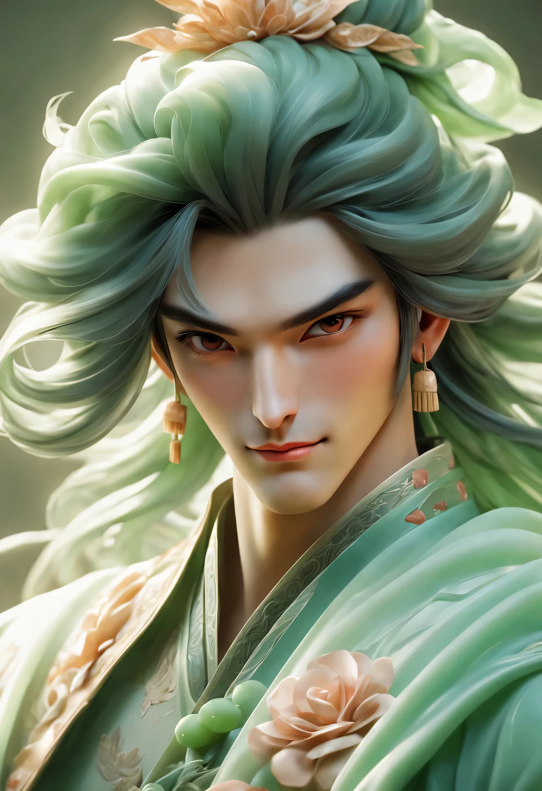 (male character design), whole body, Staring at the camera,
Close-up of a beautiful Chinese girl named Song Yu making tea, With silver curls and thick hair. Song Yu's facial features are correct,Symmetrical face shape. His eyebrows are long and thick, slightly raised, Gives people a sense of confidence and persistence. His eyes were bright and vibrant, Like a star, Revealing a kind of wisdom and agility. His nose was straight,Does not protrude, It gives a noble temperament. His lips were rosy and full, Slightly upturnedGive people a kind of tenderness亲切的感觉, Have smooth and flawless facial lines, perfect as a sculpture. Lips are red and plump, Slightly upturned, Give people a kind of tenderness、friendly feeling. His smile is bright and natural, reveal a kindness、Tolerant demeanor. The lines of his lips are soft and smooth, There are no flaws, Like delicate rose petals. As far as skin is concerned, Song Yi’s skin is fair and delicate, Smooth as white jade,No wrinkles, young as a boy. Skin appears healthy、Radiant appearance, Gives people a fresh and pure feeling. His cheeks flushed slightly, Revealing a hint of bitterness and cuteness (Wearing an emerald veil),
HD, high quality, HD Analysis, 32k, Surrealism,