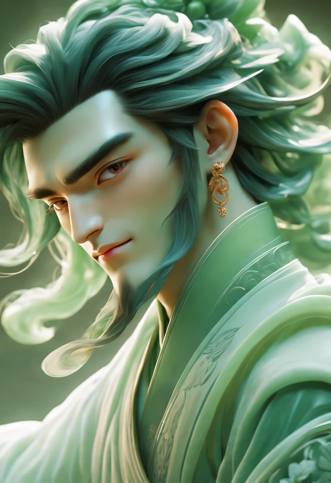 (male character design), whole body, Staring at the camera,
Close-up of a beautiful Chinese girl named Song Yu making tea, With silver curls and thick hair. Song Yu's facial features are correct,Symmetrical face shape. His eyebrows are long and thick, slightly raised, Gives people a sense of confidence and persistence. His eyes were bright and vibrant, Like a star, Revealing a kind of wisdom and agility. His nose was straight,Does not protrude, It gives a noble temperament. His lips were rosy and full, Slightly upturnedGive people a kind of tenderness亲切的感觉, Have smooth and flawless facial lines, perfect as a sculpture. Lips are red and plump, Slightly upturned, Give people a kind of tenderness、friendly feeling. His smile is bright and natural, reveal a kindness、Tolerant demeanor. The lines of his lips are soft and smooth, There are no flaws, Like delicate rose petals. As far as skin is concerned, Song Yi’s skin is fair and delicate, Smooth as white jade,No wrinkles, young as a boy. Skin appears healthy、Radiant appearance, Gives people a fresh and pure feeling. His cheeks flushed slightly, Revealing a hint of bitterness and cuteness (Wearing an emerald veil),
HD, high quality, HD Analysis, 32k, Surrealism,