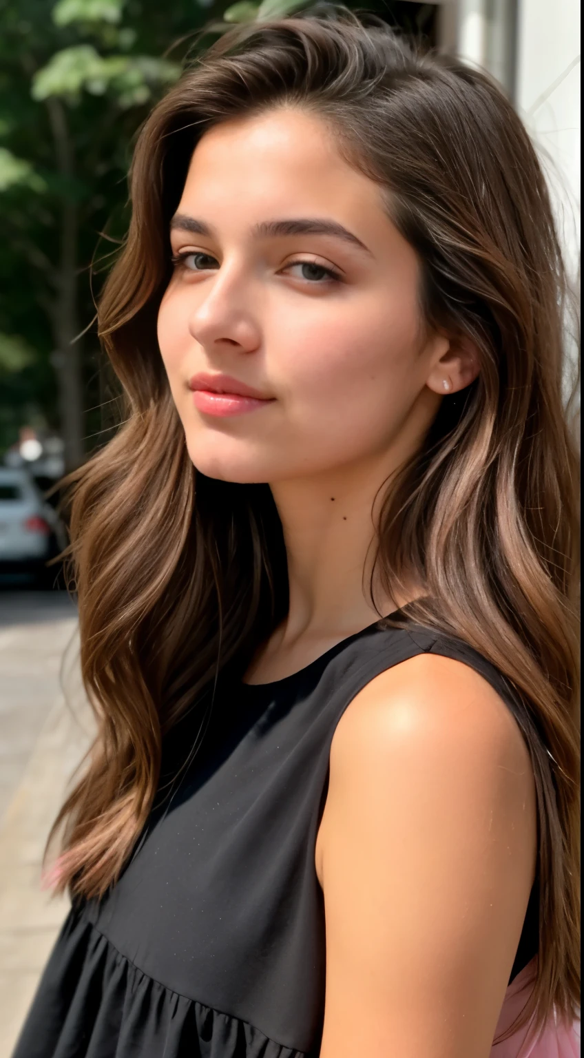 A raw image of a 20y.o. woman with shoulder-length wavy brown hair, subtle makeup featuring pink lip gloss, and a black dress, some skin pores visible