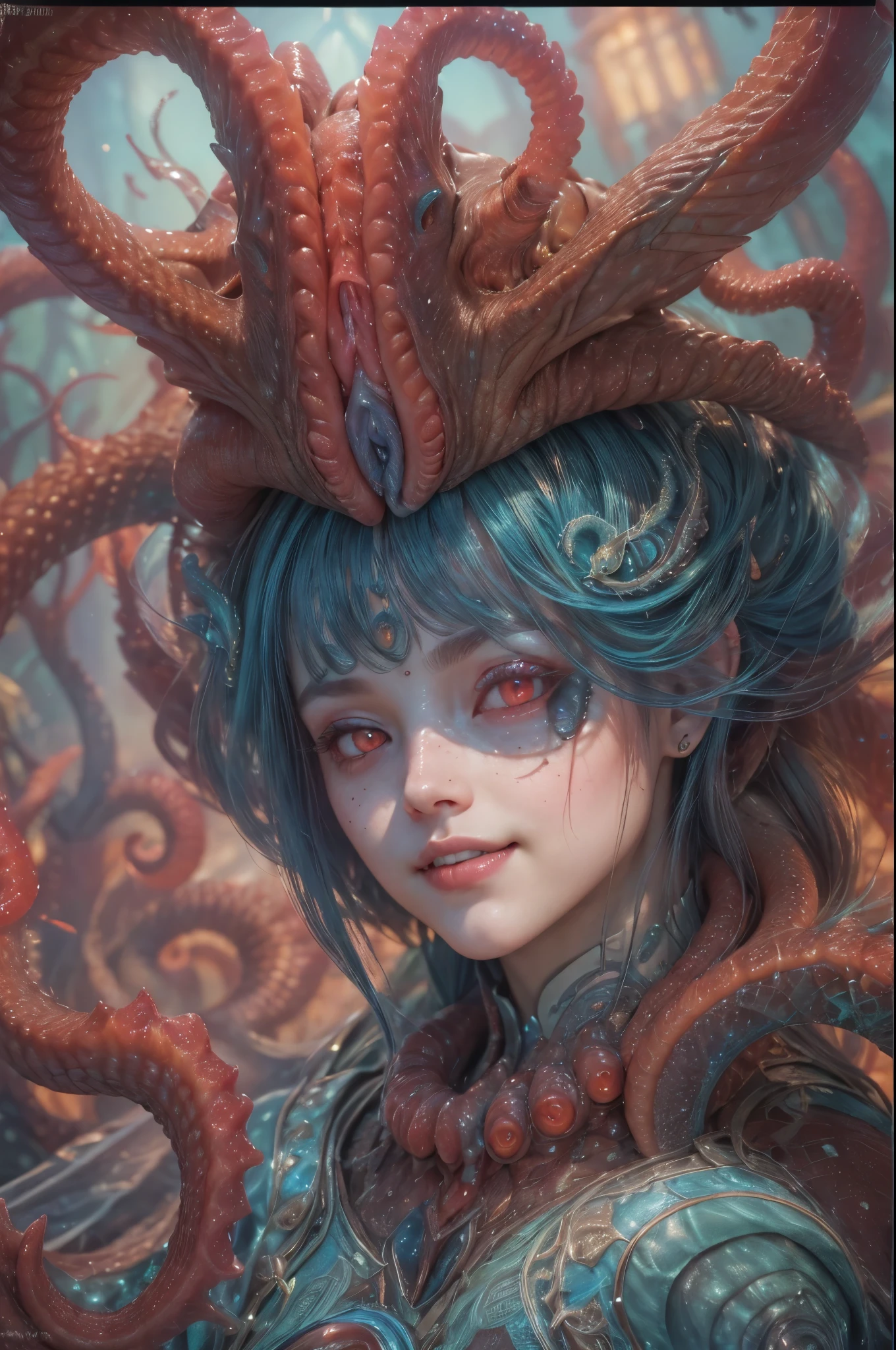 scary and sexy detailed art in color, Portrait, (beautiful and obscene female alien:1.4), (vulgarity1.7), (she has red eyes with no pupils:1.8), (Translucent blueskin:1.7), (There is a female genital-like organ in the middle of the forehead:1.9), (The most beautiful face in the history of the universe:1.2),an evil gaze that seduces, (large mouth:1.1), (sharp teeth like a vampire:1.2), Full body portrait, (bio luminescent:1.5), (Smile wickedly:1.3), (sexypose:1.5), alien, No humans, cells are fused, (Lots of translucent tentacles:1.3) extraterrestrial, cell, bio image, best quality, 8K,In 4K_quality, High freshness, Dramatic Lighting, masutepiece:1.5,cinematic quality, detail up, (exquisite details:1.2), high resolution, High freshness, drawing faithfully, (Thick eyebrows:1.2), Beautiful eyes with fine symmetry,(Highly detailed face and eyes:1.2), Intimate face, (Super detailed skin quality feeling:1.4), perfect anatomy, (Beautiful toned body:1.5), (Moist skin:1.2), not wearing makeup, (dark circles:1.1), long canines, cinematic drawing of characters, ultra high quality model, cinematic quality, detail up, (exquisite details:1.2), high resolution, High freshness, drawing faithfully, official art, Unity 8K Wall paper, best quality, Very high resolution, ultra detailed artistic photography, midnight aura, unreal engine 5, Ultra Sharp Focus, art by Amano Yoshitaka, ArtGerm, Roisch, intricate artwork, best quality, masterpiece, ultra high resolution, (photos realistic:1.4), ultra realistic realism, dream-like, nautilus, Creation of fantasy, Snail, Dream Snail, (biopunk nautilus:1.3),Thrilling color schemes, ultra realistic realism, seductively smiling, Blue tentacles, Amazing mutation, well-proportioned body, goddess of the deep sea