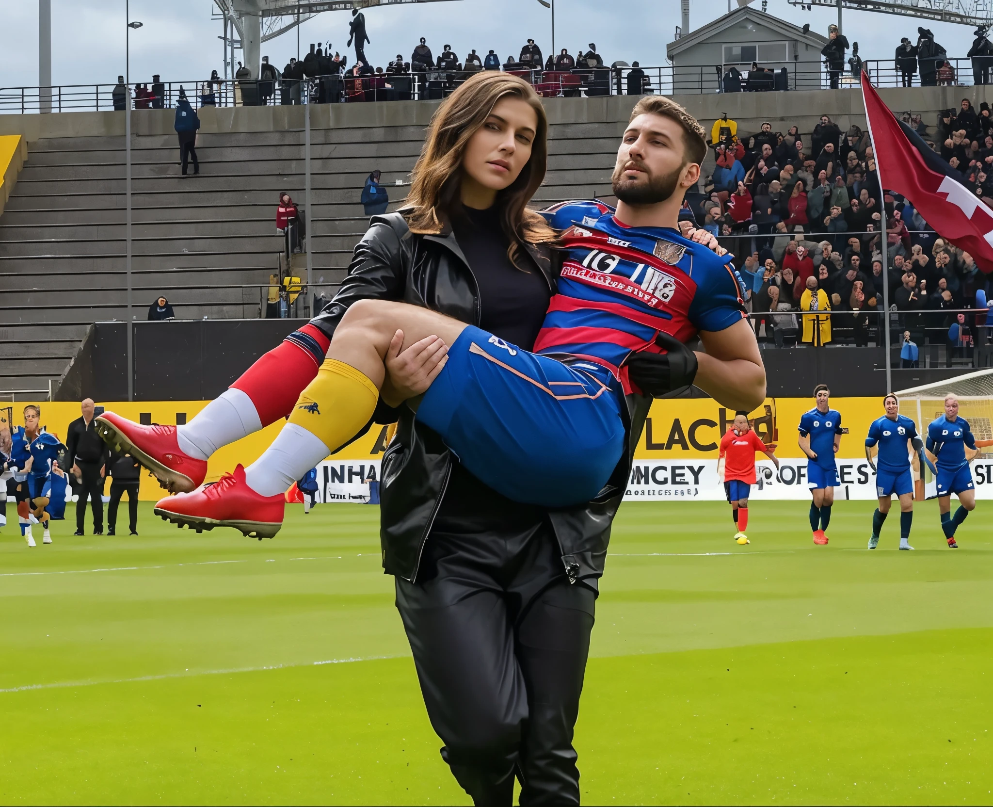 A big and beautiful woman carries the wounded man's body in her hands, Andrea grabs his legs and his body with her hands, the bearded man in Andrea's arms is visibly in pain, stadium atmosphere, the bearded man is lying consciousless in Andrea's arms with one arm hanging down, A scene at a soccer stadium, a bearded man lying in a caring women's arms, lying helpless in her arms with his head dangling down, he has one arm dangling down while being carried in the women's arms, There is an attractive and heavily made-up woman in a long black leather coat, A pretty woman in a shiny black leather coat on a soccer field, A wonderful woman is holding a passed out man, A man in matt and roughened sportswear is held diagonal in her arms, a man in a woman's arms and lets one arm dangling down, we see the man held in front of the woman's body, the man is cradled in the woman's arm while being carried, the beautiful woman is exceptionally heavily made up and has an extremely desperate and very angry expression on her face, high-resolution photo, realistic sports photo, soccer scene, woman in black shiny long leather coat, injury scene, real photo, ultra realistic, high definition, sports photography