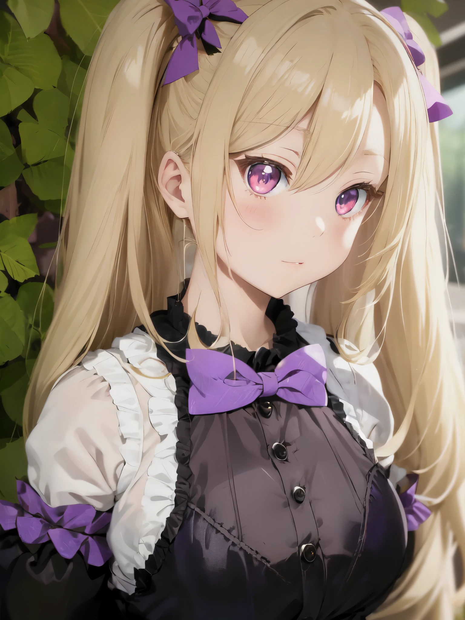 blond haired doll with long hair and a purple bow, skydoll noa, blond hair with pigtails, long blonde hair and large eyes, long blonde hair and big eyes, ultrarealistic sweet bunny girl, blonde hair and large eyes, with long blond hair, anime barbie doll, girl with white hair, china doll face, misa amane *