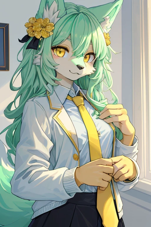beautiful (furry wolf girl), (small breasts), ((detailed features)), ((detailed fingers, precise fingers,)) (((not unnatural hands))), natural pose, illustration, vibrant colours, apartment interior, 1 girl, solo, ((mint green coloured poofy hair)), flower hair ornament, beautiful (glowing) yellow eyes, (wearing a white jacket with golden trims and detailing), (((black button up))), ((golden necktie))