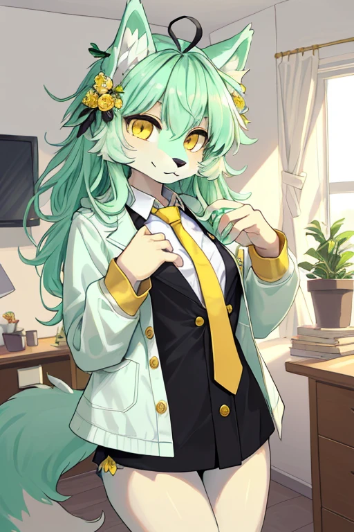beautiful (furry wolf girl), (small breasts), ((detailed features)), ((detailed fingers, precise fingers,)) (((not unnatural hands))), natural pose, illustration, vibrant colours, apartment interior, 1 girl, solo, ((mint green coloured poofy hair)), flower hair ornament, beautiful (glowing) yellow eyes, (wearing a white jacket with golden trims and detailing), (((black button up))), ((golden necktie))