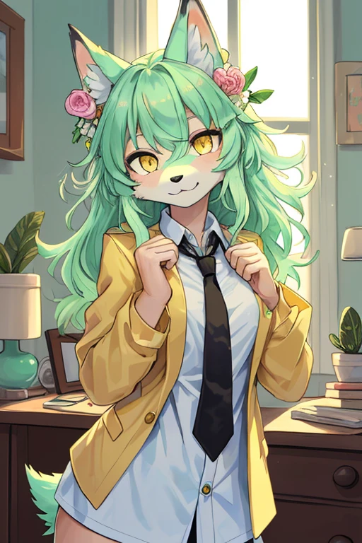 beautiful (furry wolf girl), (small breasts), ((detailed features)), ((detailed fingers, precise fingers,)) (((not unnatural hands))), natural pose, illustration, vibrant colours, apartment interior, 1 girl, solo, ((mint green coloured poofy hair)), flower hair ornament, beautiful (glowing) yellow eyes, (wearing a white jacket with golden trims and detailing), (((black button up))), ((golden necktie)), revealing clothes