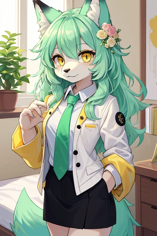 beautiful (furry wolf girl), (small breasts), ((detailed features)), ((detailed fingers, precise fingers,)) (((not unnatural hands))), natural pose, illustration, vibrant colours, apartment interior, 1 girl, solo, ((mint green coloured poofy hair)), flower hair ornament, beautiful (glowing) yellow eyes, (wearing a white jacket with golden trims and detailing), (((black button up))), ((golden necktie)), revealing clothes