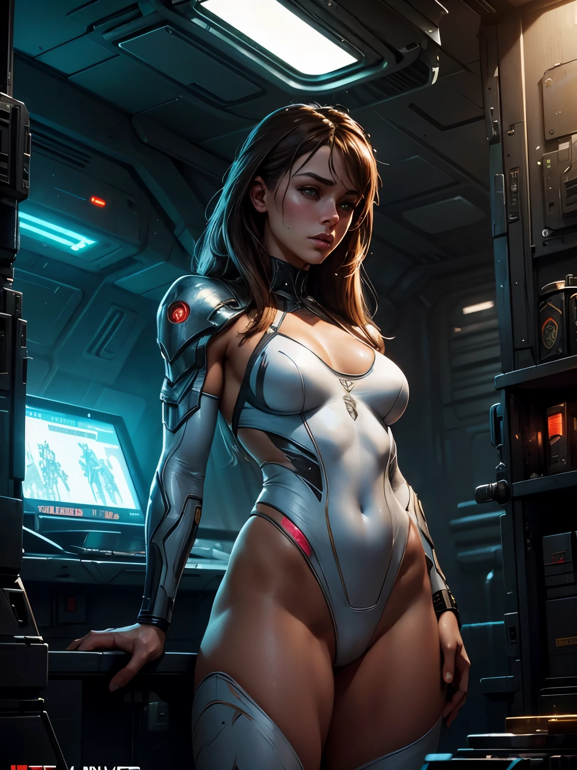 Remy LaCroix, Perfect Face, Perfect body, bodybuilder, White Swinsuit armored cyberpunk, Pretty Features, Spaceship Interior, Wadim Kashin, James Gurney, INK, Splash Art", Royo, Sharp Focus, Emitting Diodes, Smoke, Artillery, Sparks, Racks, SYSTEM Unit, Motherboard, by Pascal Blanche Rutkowski Repin Artstation Hyperrealism Painting Concept ART of Detailed Character Design Matte Painting, 4K Resolution Blade Runner, Mysterious
