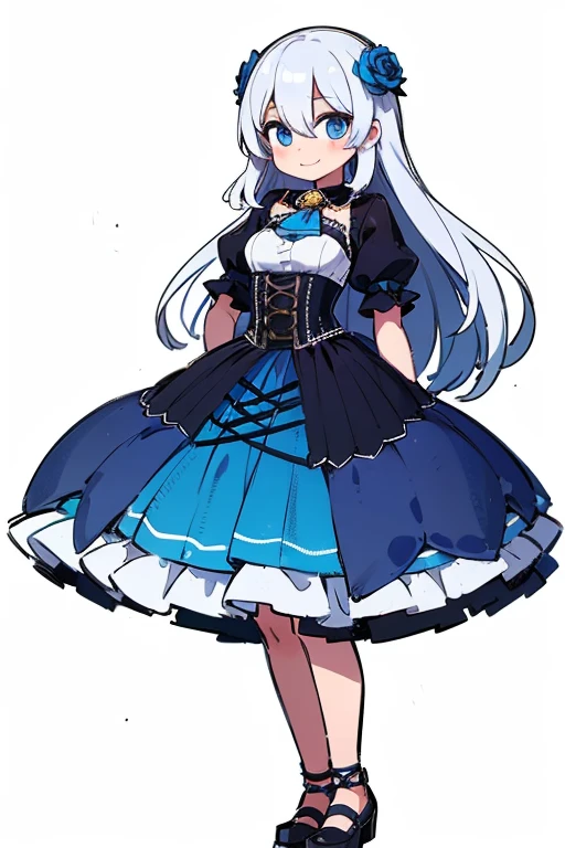 high quality,(1 girl),Little,cute type,smile,whole body,white background, very long hair,wavy hair,hair between eyes,coarse hair,silky hair,white hair, blue eyes,((blue rose hair ornament)), black horizontal collar, Black over white double collar, ,cut out tops,small breasts, black short sleeve lantern sleeve,((navy ascot tie)), (black underbust corset with yellow laces),white petticoat,navy blue overskirt,middle length,ankle straps,square toe,Thick bottom
