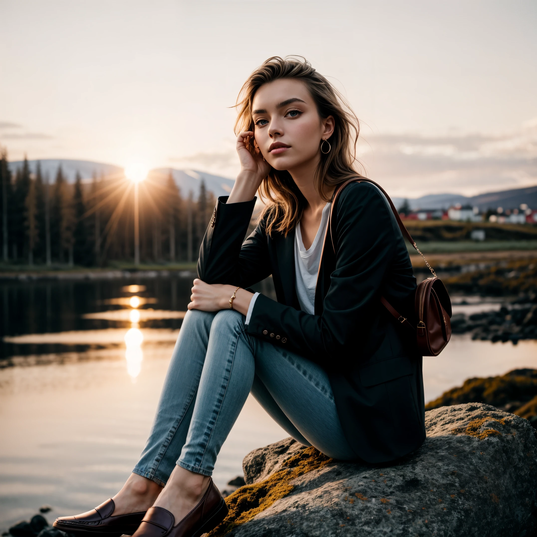 Half-length photo of 20-year-old Icelandic beauty, extremely detailed eyes, pretty face, Delicate natural skin and pores, sitting cross-legged on a rock, Looks calm., oversized suit jacket, skinny jeans, loafers, shoulder bags, earrings, (commend, Bokeh), By Marta Bevacqua, prime time, Cinema lighting, (Haze filter, film grain:1.2)