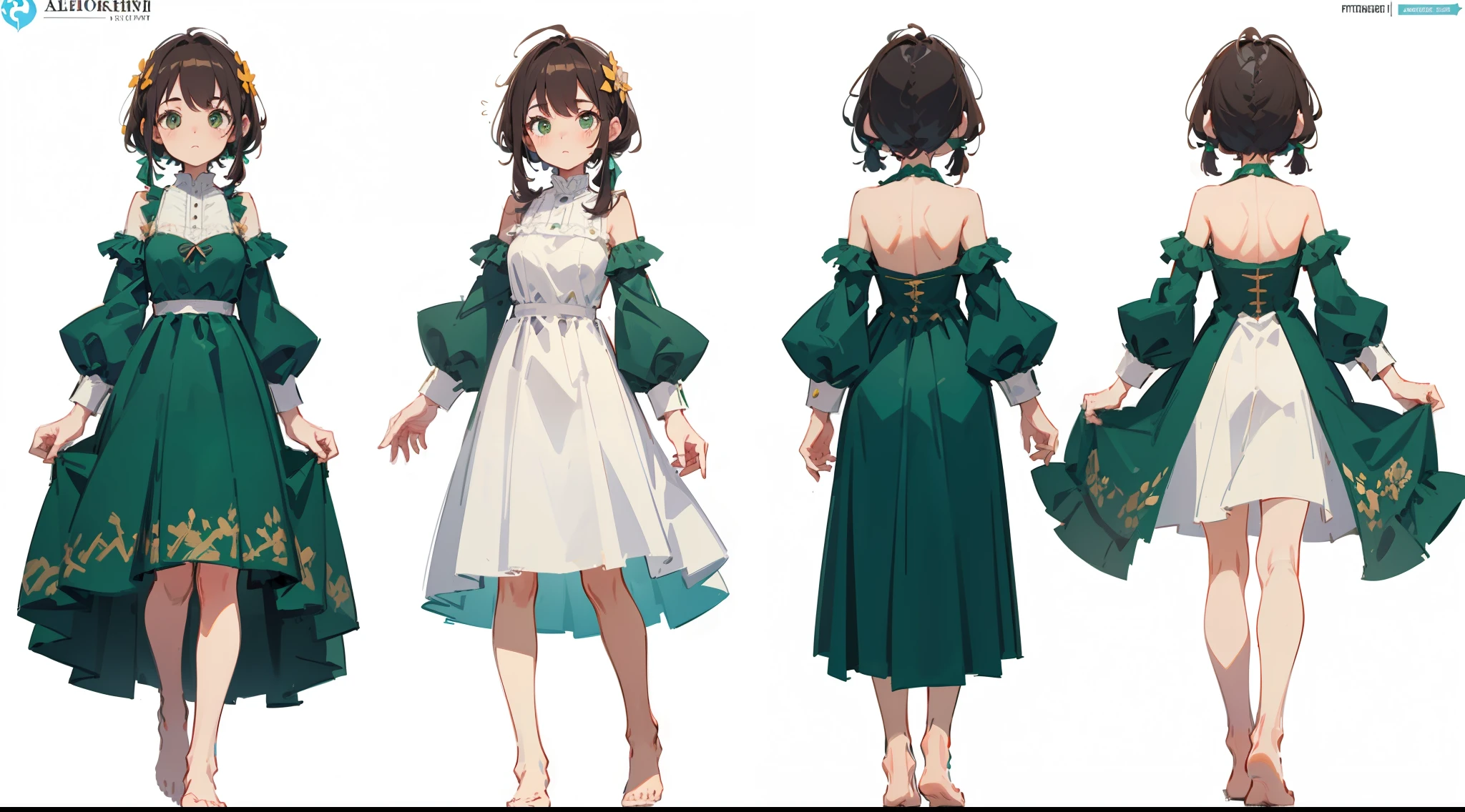 (masterpiece), (best quality), sharp focuse, (character design sheet, same character, full body, side, back), illustration, (detailed hair, detailed face, detailed body structure), ((1 woman, solo)), perfect feminine face, pose zitai, detailed design character, chestnut brown hair, long fringe hairstyle, ((green eyes, beautiful shapes of eyes)), feminine light dress, bare feet, (simple background, white background: 1.3)