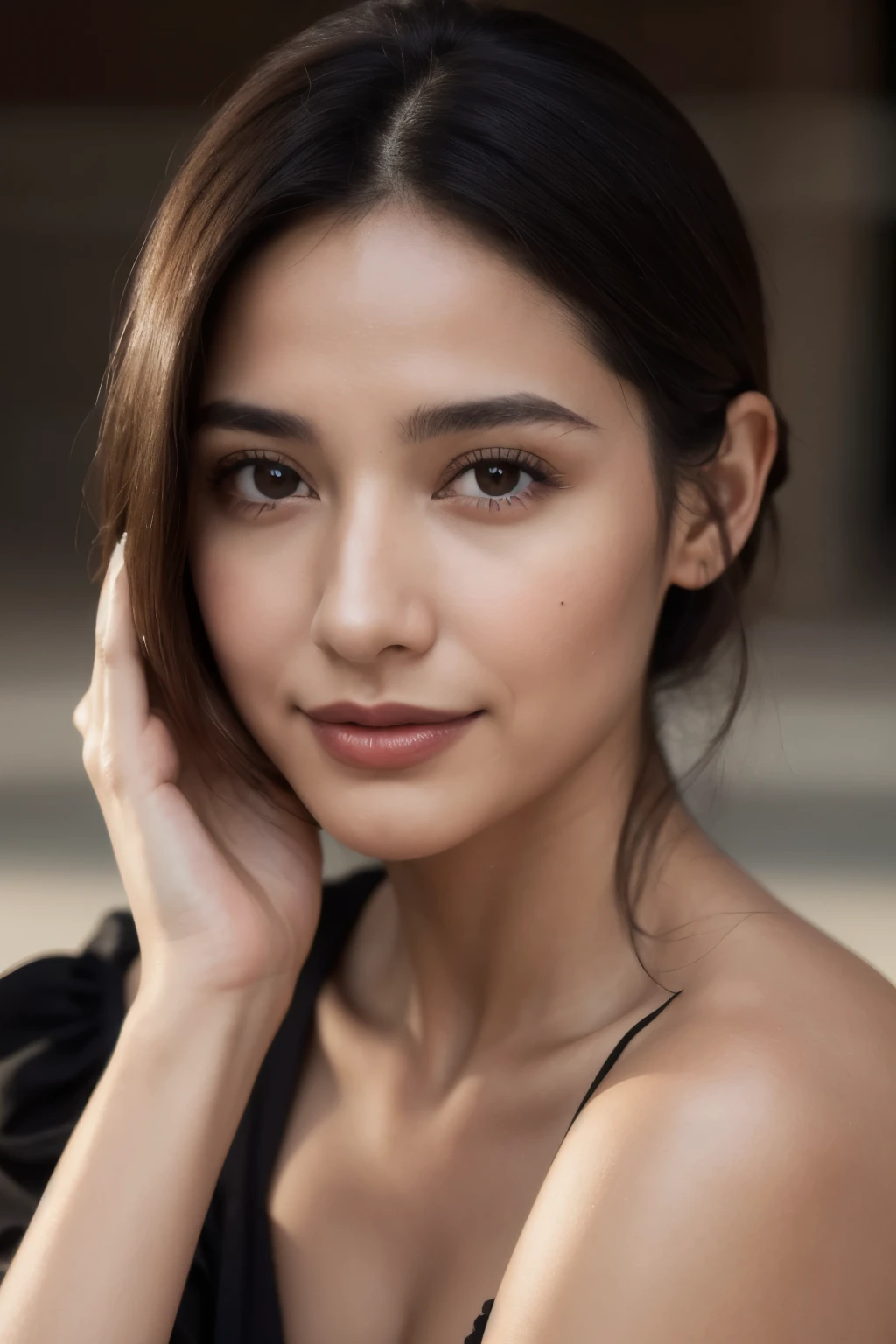 RAW Photo, DSLR BREAK (kkw-ph1:0.9) BREAK portrait of ung 20yo woman, black hair, wearing yellow transparent dress, perfect eyes, perfect lips, perfect nose, professional color graded, wonderful woman, dark background, cute woman, cleavage, small tits, smiling, wavy hair