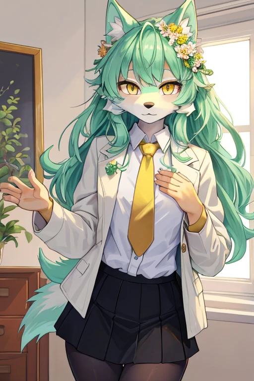 beautiful (furry wolf girl), (small breasts), ((detailed features)), ((detailed fingers, precise fingers,)) (((not unnatural hands))), natural pose, illustration, vibrant colours, apartment interior, 1 girl, solo, ((mint green coloured poofy hair)), flower hair ornament, beautiful (glowing) yellow eyes, (wearing a white jacket with golden trims and detailing), (((black button up))), ((golden necktie)), revealing clothes upskirt