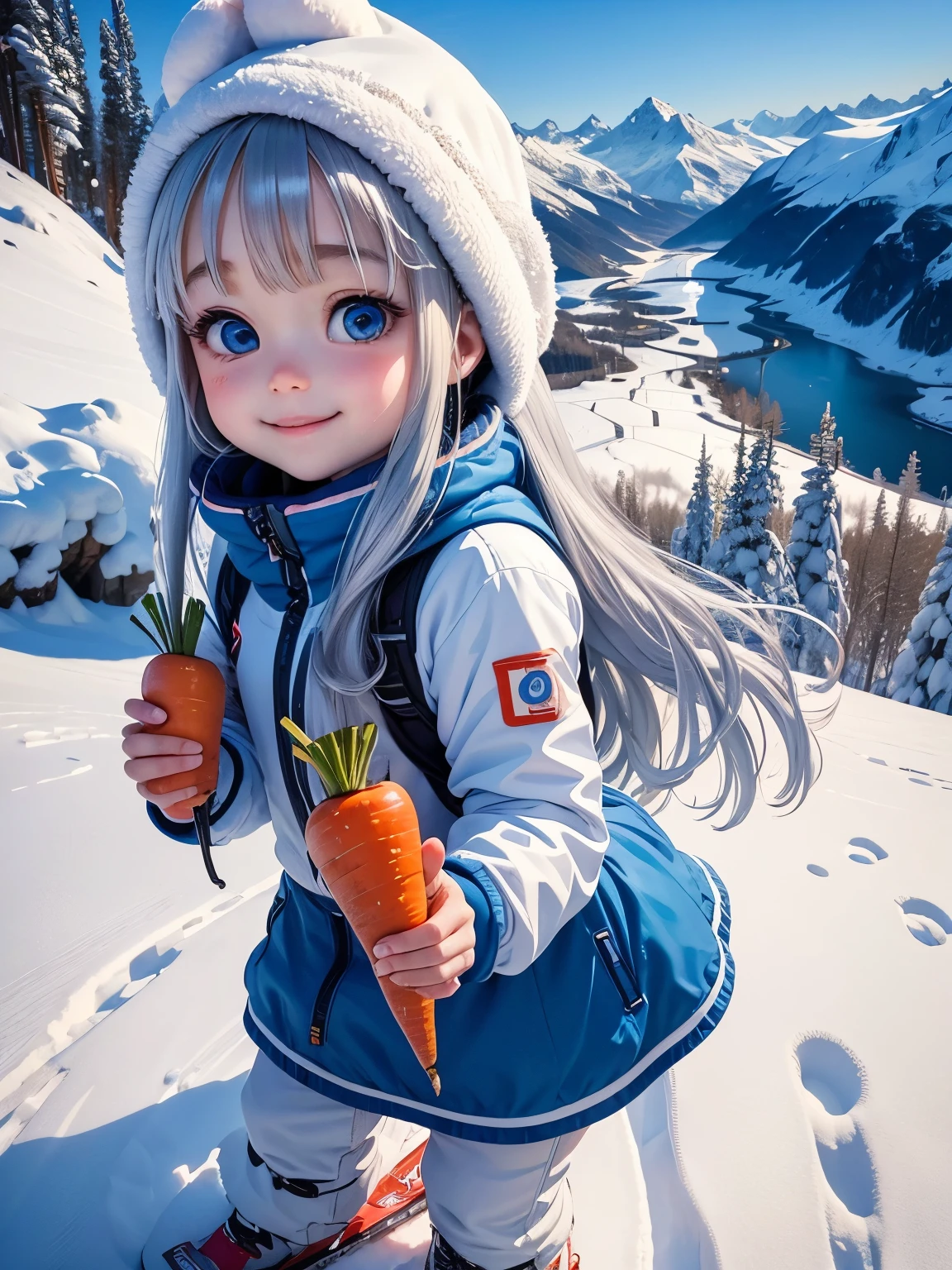 best image quality、fairy tale world、girl enjoying skiing、A fun and cute smile、best smile、chibi character、super deformed、big head and small body、very cute little girl、long silver hair、Surprisingly big blue eyes that shine、skiing in a snowy landscape、Lots of delicious looking carrots、Rabbit Fairy、