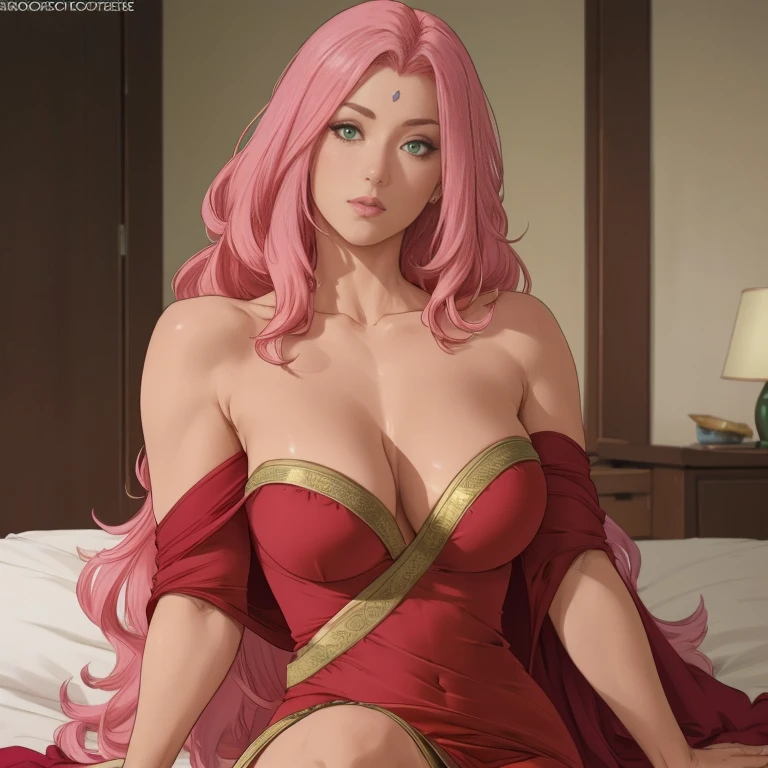 Super-realistic Fashion photoshoot of a pink haired mature female, 1girl, solo, sakura\(boruto\) as a beautiful arab woman, perfect face, perfect nose, perfect green eyes, perfect lips, with (Pink wavy semi-long hair), wearing (red and gold shawl and a red dress), shy and nervous expressions, low key image, sharp texture, 4k, 8k, shot with Canon EOS 5D Mark III, 50mm, f/8, realistic face and body, upper body closeup, medium breasts, arabian harem background, (lying in bed), lying_bustup_shot, full body