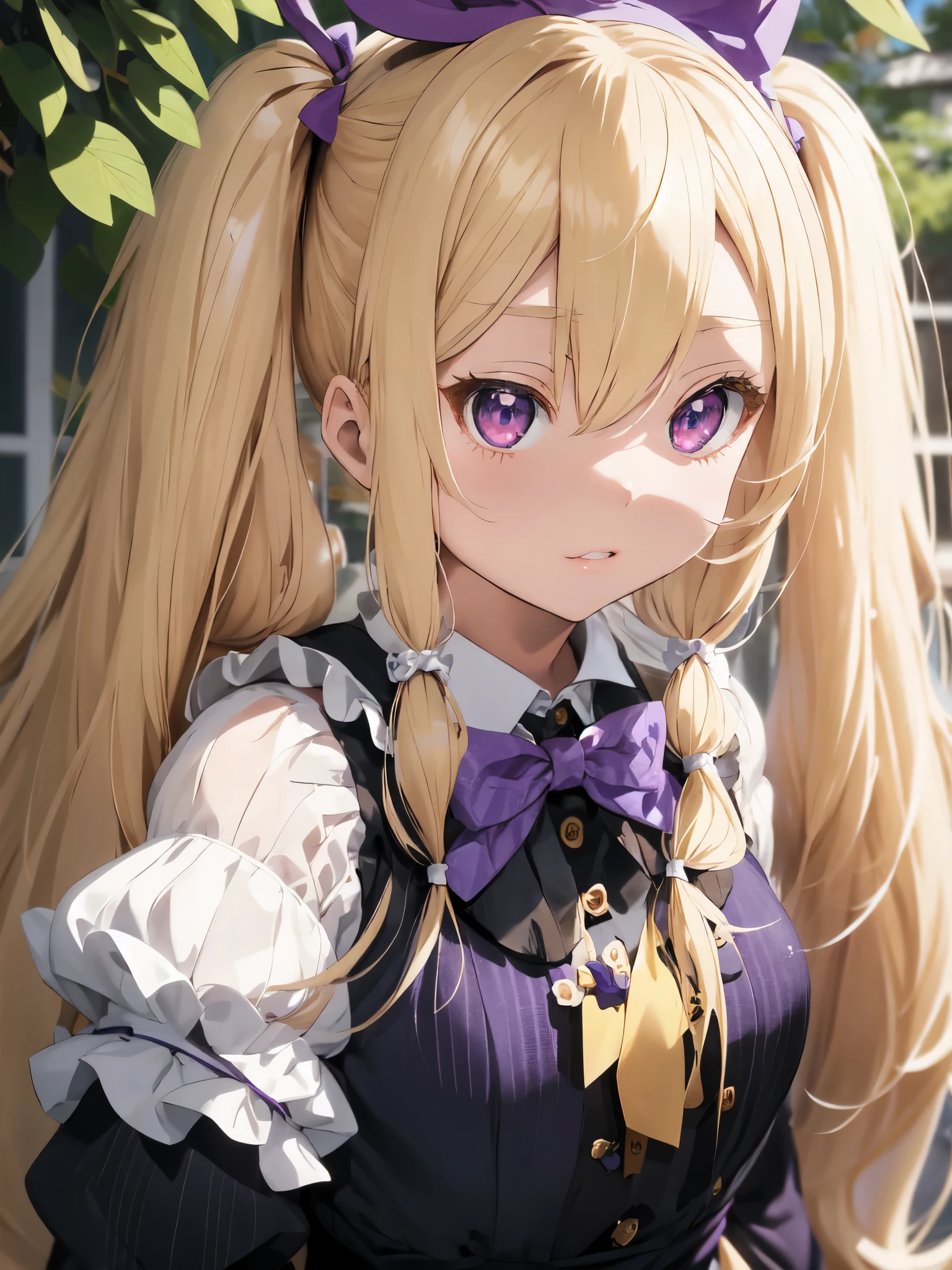 blond haired doll with long hair and a purple bow, skydoll noa, blond hair with pigtails, long blonde hair and large eyes, long blonde hair and big eyes, ultrarealistic sweet bunny girl, blonde hair and large eyes, with long blond hair, anime barbie doll, girl with white hair, china doll face, misa amane *