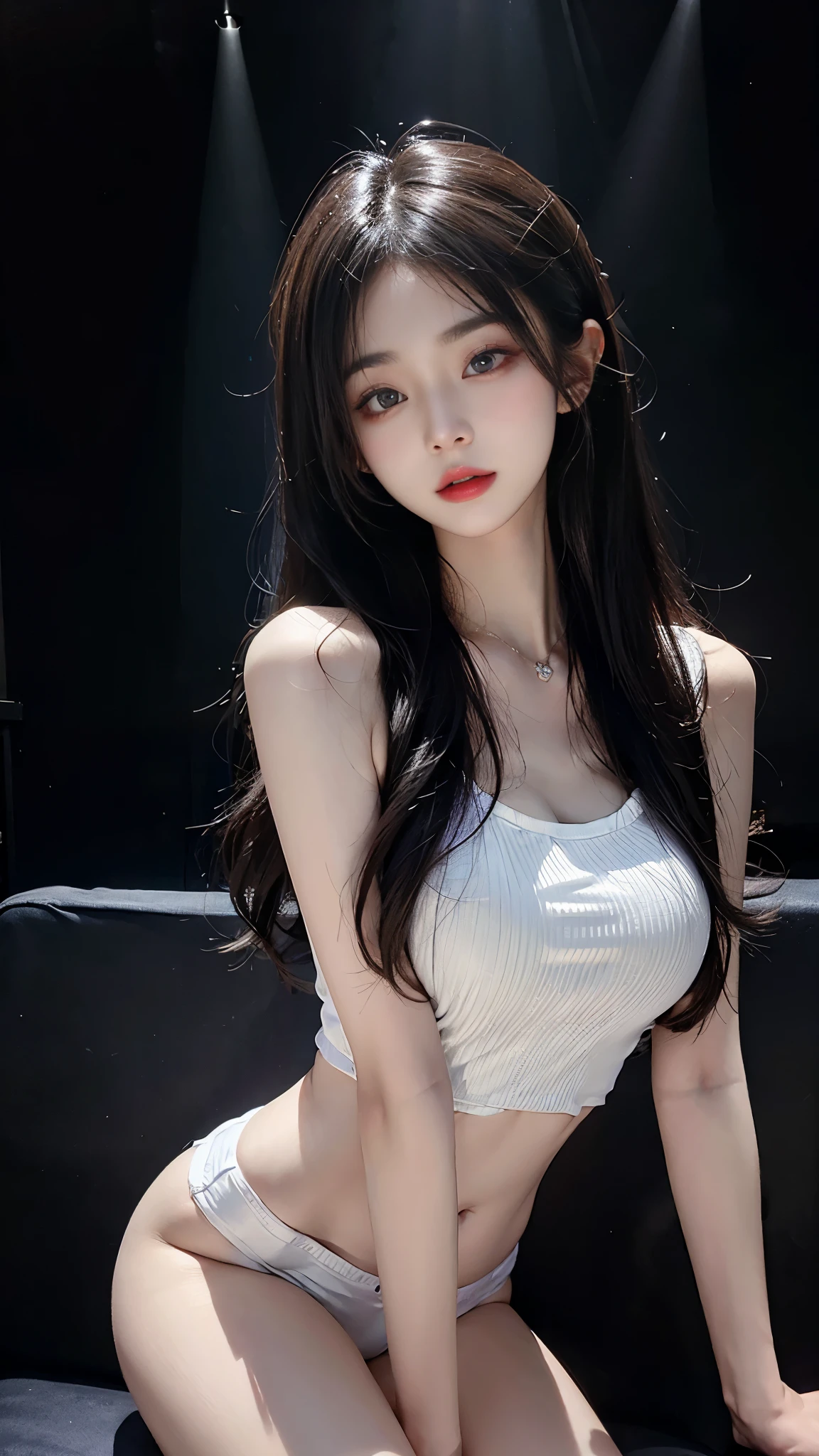 beautiful girl, Korean makeup, very long hair, Purple头发, Detailed lips, medium bust, Perfect body, White T-shirt, T-shirt details, naked belly, Purple短裤, Purple, quần thigh gives bó sat, jumping position 舞者, stage scenery , LED lights, laser light, attractive pose,