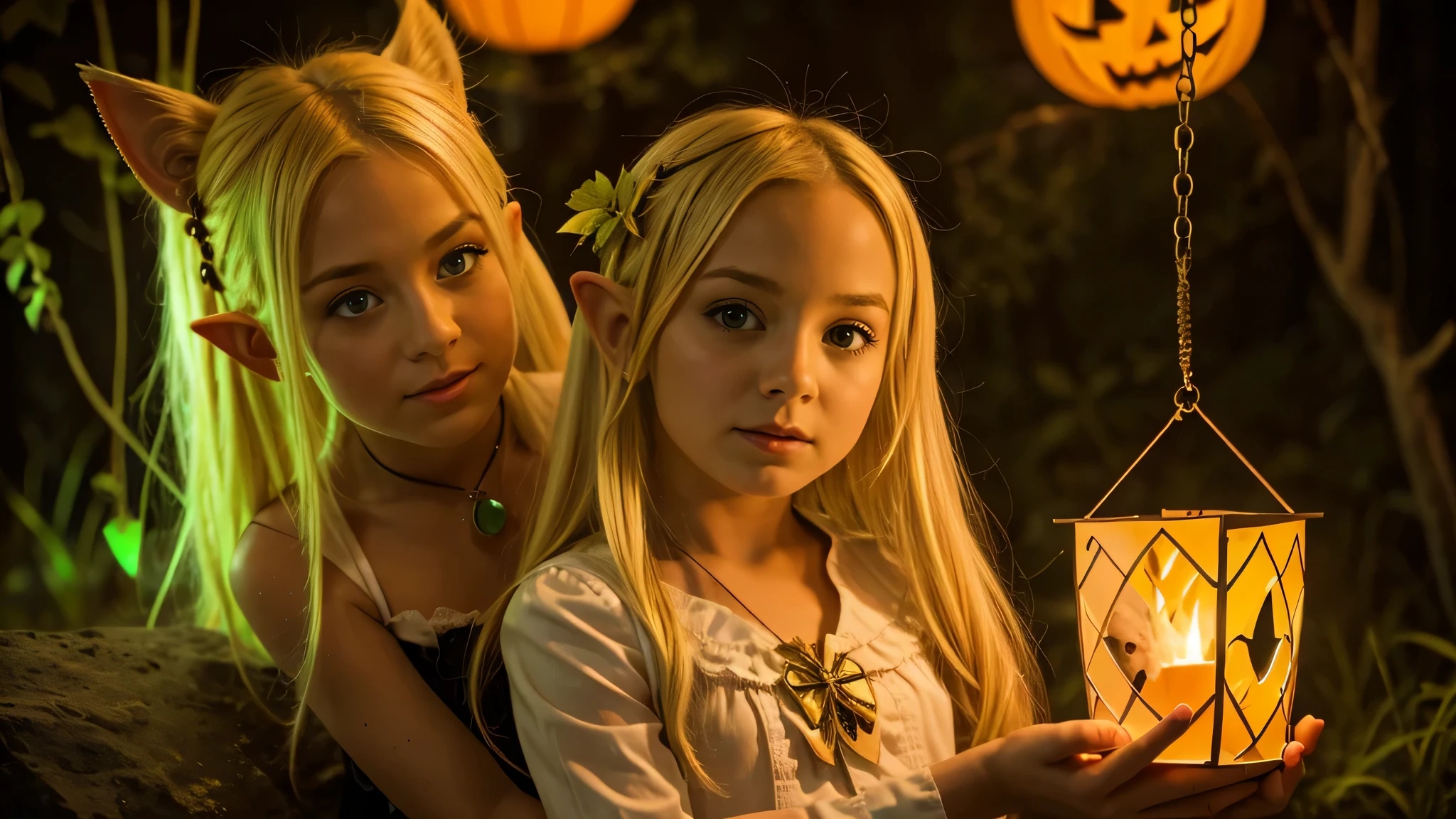 Cute portrait of a blonde elf child holding a jack-o'-lanterna verde
