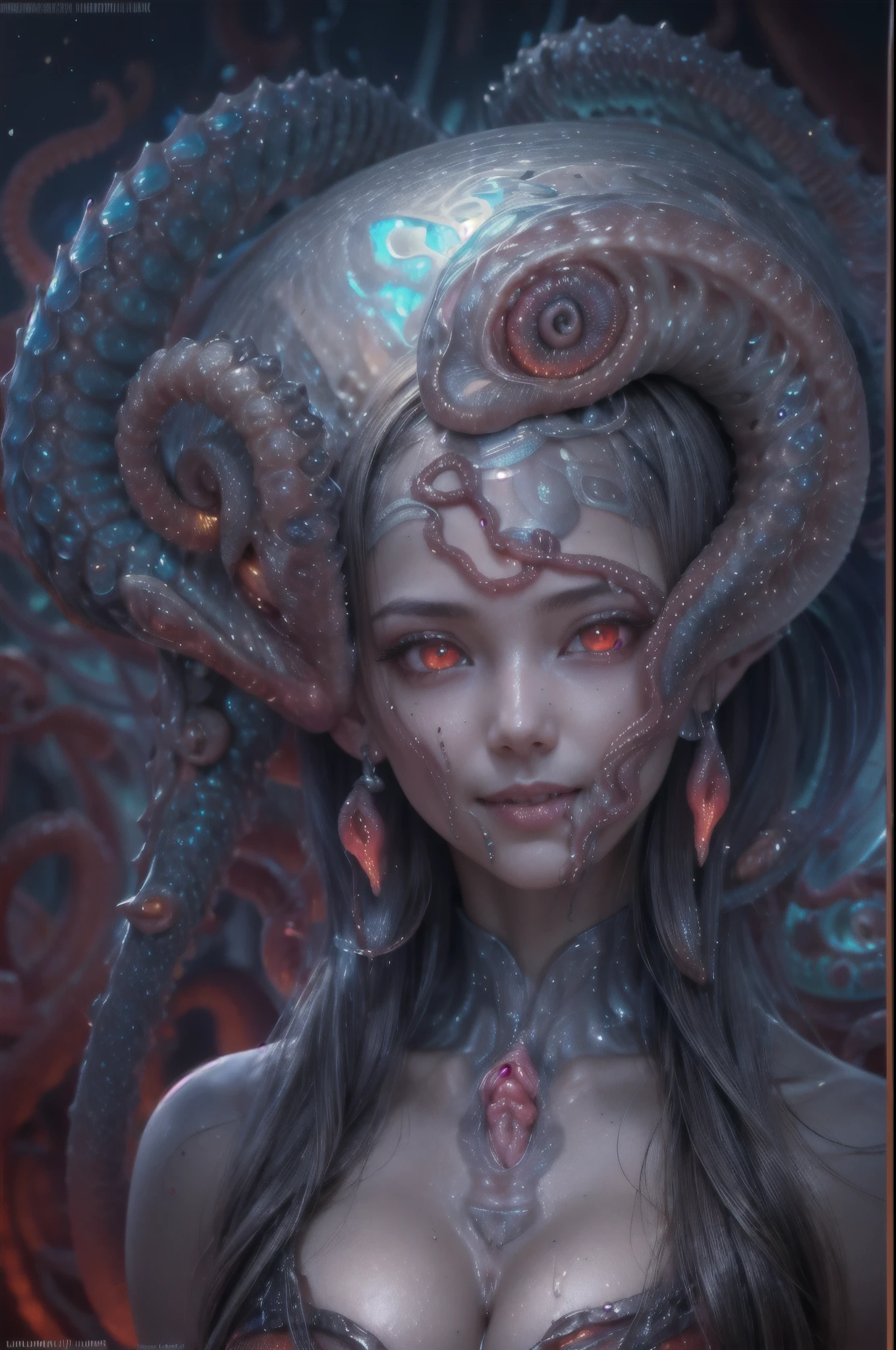 scary and sexy detailed art in color, Portrait, (beautiful and obscene female alien:1.4), (vulgarity1.7), (she has red eyes with no pupils:1.8), (Translucent blueskin:1.7), (There is a female genital-like organ in the middle of the forehead:1.9), (The most beautiful face in the history of the universe:1.2),an evil gaze that seduces, (large mouth:1.1), (sharp teeth like a vampire:1.2), Full body portrait, (bio luminescent:1.5), (Smile wickedly:1.3), (sexypose:1.5), alien, No humans, cells are fused, (Lots of translucent tentacles:1.3) extraterrestrial, cell, bio image, best quality, 8K,In 4K_quality, High freshness, Dramatic Lighting, masutepiece:1.5,cinematic quality, detail up, (exquisite details:1.2), high resolution, High freshness, drawing faithfully, (Thick eyebrows:1.2), Beautiful eyes with fine symmetry,(Highly detailed face and eyes:1.2), Intimate face, (Super detailed skin quality feeling:1.4), perfect anatomy, (Beautiful toned body:1.5), (Moist skin:1.2), not wearing makeup, (dark circles:1.1), long canines, cinematic drawing of characters, ultra high quality model, cinematic quality, detail up, (exquisite details:1.2), high resolution, High freshness, drawing faithfully, official art, Unity 8K Wall paper, best quality, Very high resolution, ultra detailed artistic photography, midnight aura, unreal engine 5, Ultra Sharp Focus, art by Amano Yoshitaka, ArtGerm, Roisch, intricate artwork, best quality, masterpiece, ultra high resolution, (photos realistic:1.4), ultra realistic realism, dream-like, nautilus, Creation of fantasy, Snail, Dream Snail, (biopunk nautilus:1.3),Thrilling color schemes, ultra realistic realism, seductively smiling, Blue tentacles, Amazing mutation, well-proportioned body, goddess of the deep sea