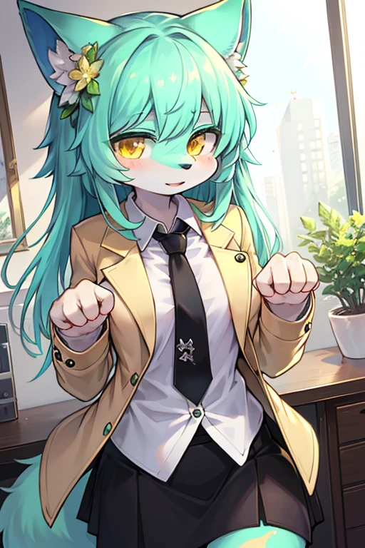 beautiful (furry wolf girl), (small breasts), ((detailed features)), ((detailed fingers, precise fingers,)) (((not unnatural hands))), natural pose, illustration, vibrant colours, apartment interior, 1 girl, solo, ((mint green coloured poofy hair)), flower hair ornament, beautiful (glowing) yellow eyes, (wearing a white jacket with golden trims and detailing), (((black button up))), ((golden necktie)), revealing clothes upskirt