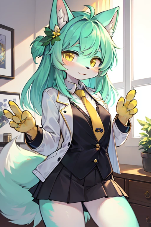 beautiful (wolf girl), (small breasts), ((detailed features)), ((detailed fingers, precise fingers,)) (((not unnatural hands))), natural pose, illustration, vibrant colours, apartment interior, 1 girl, solo, ((mint green coloured poofy hair)), flower hair ornament, beautiful (glowing) yellow eyes, (wearing a white jacket with golden trims and detailing), (((black button up))), ((golden necktie)) , ((furry knotted cock))), blush smug, tongue out drooling