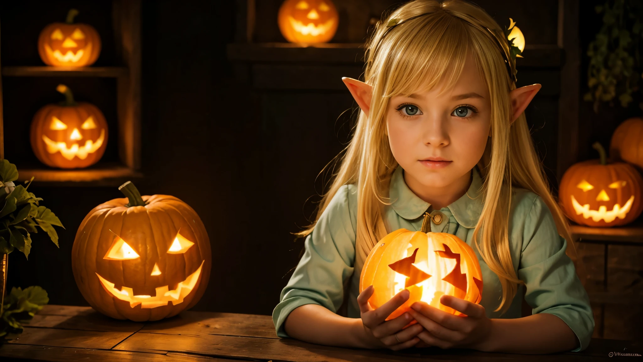 Cute portrait of a blonde elf  holding a jack-o&#39;-lanterna verde