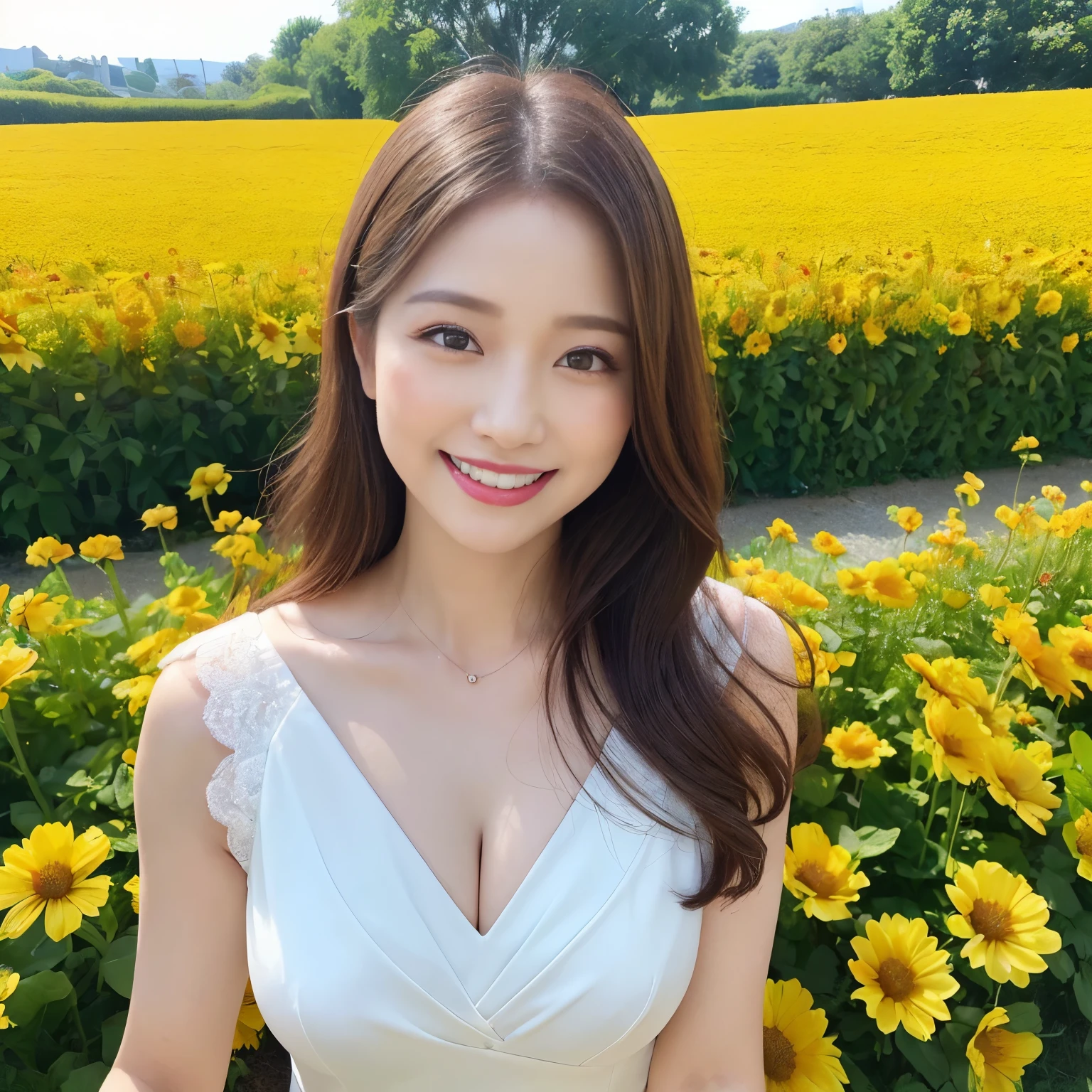 ((highest quality、pieces fly、8K、best image quality、hyper realism))、45 years old、wrinkled face、(very bright and vivid:1.1)、beautiful and detailed eyes, portrait shot of woman、blurred background、(Elegant and neat dress:1.1)、Long Wave Hair, cleavage,、sunlit skin、(sculpture installation:1.1)、(very thin:1.2)、very narrow waist clothes、(The background is a gorgeous and bright flower field.:1.3)、1 gorgeous fountain、blurred background、bright and vivid、the best smile when you look at me、Please smile and show your beautiful white teeth、long eyelashes、perfect makeup、lipstick、(upper body photo:1.2)、Fair skin、Shining beautiful skin、Perfect and beautiful teeth drawn in detail
