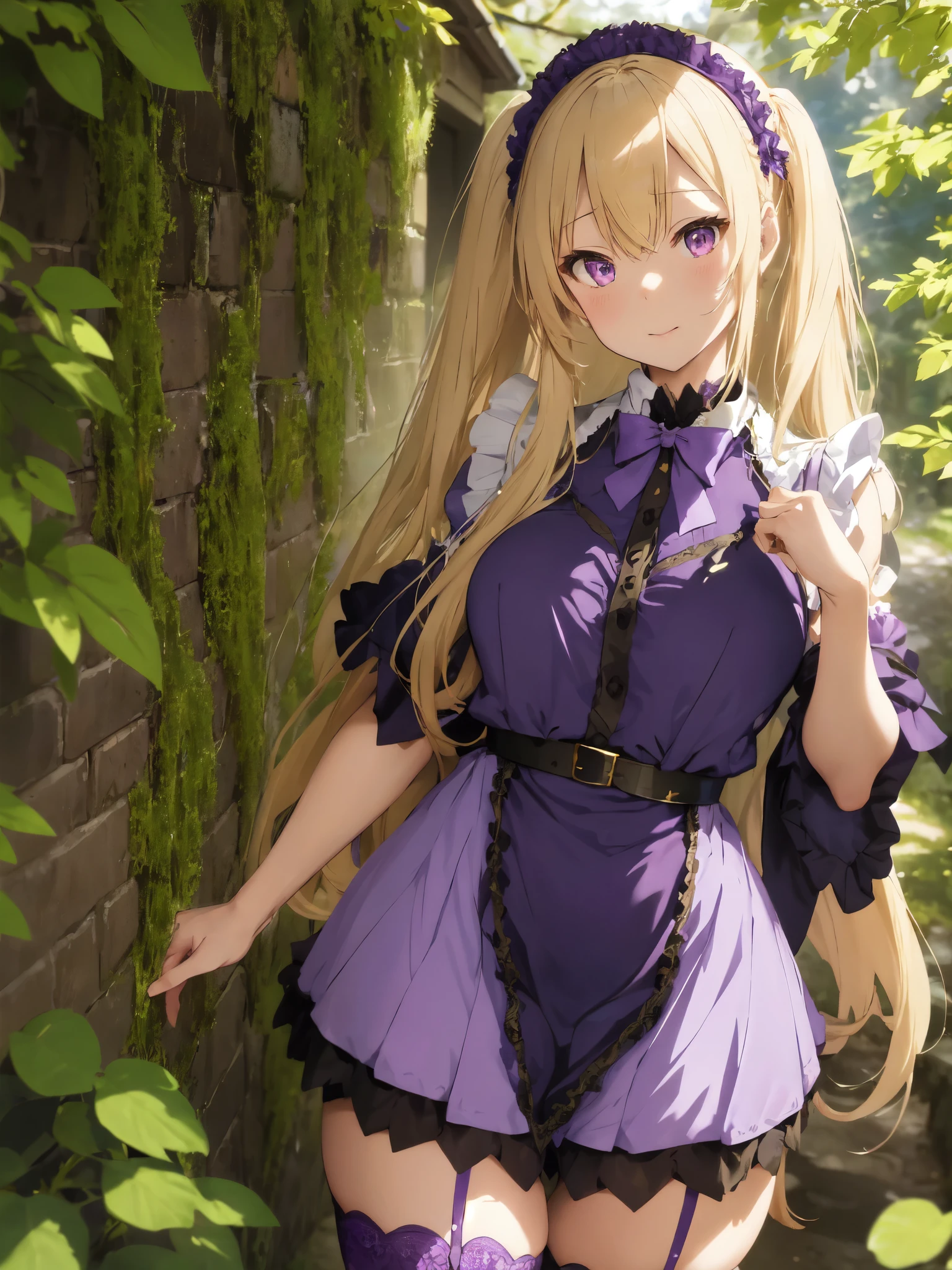 blond haired woman in a purple dress and stockings posing for a picture, skydoll noa, loli in dress, ultrarealistic sweet bunny girl, shikamimi, purple eyes and white dress, misa amane, a sexy maid in a magical forest, garbed in a purple gown, misa amane *, integrated synthetic android