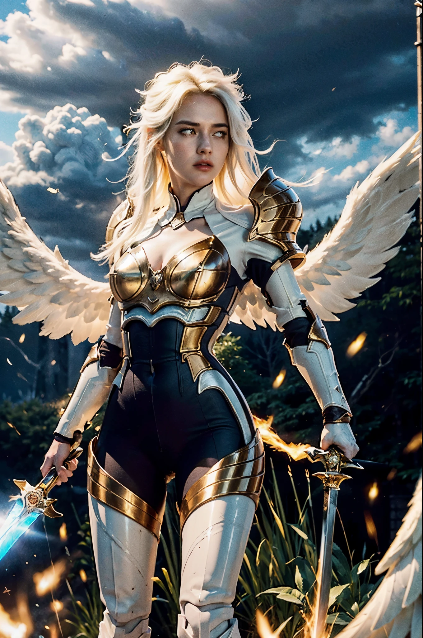 (1girl), (solo), kayle \(league of legends\), The highest image quality, ((extremely detailed 8k CG unit wallpaper)), (8k, RAW Photo, Best Quality, Masterpiece: 1.2), (Realistic, Photo Realistic: 1.4), (Rendered: 1.4), Ultra Realism, High-Resolution, NVIDIA RTX Ray Tracing, Octan Render, Full Body Image, sharp focus, cinematic lighting, (Angel, big  white angel wings), perfect long legs, (Big breasts), ((Sword of Fire)), White and Gold Celestial Armor, Blonde hair flying in the wind, She's flying in the clouds