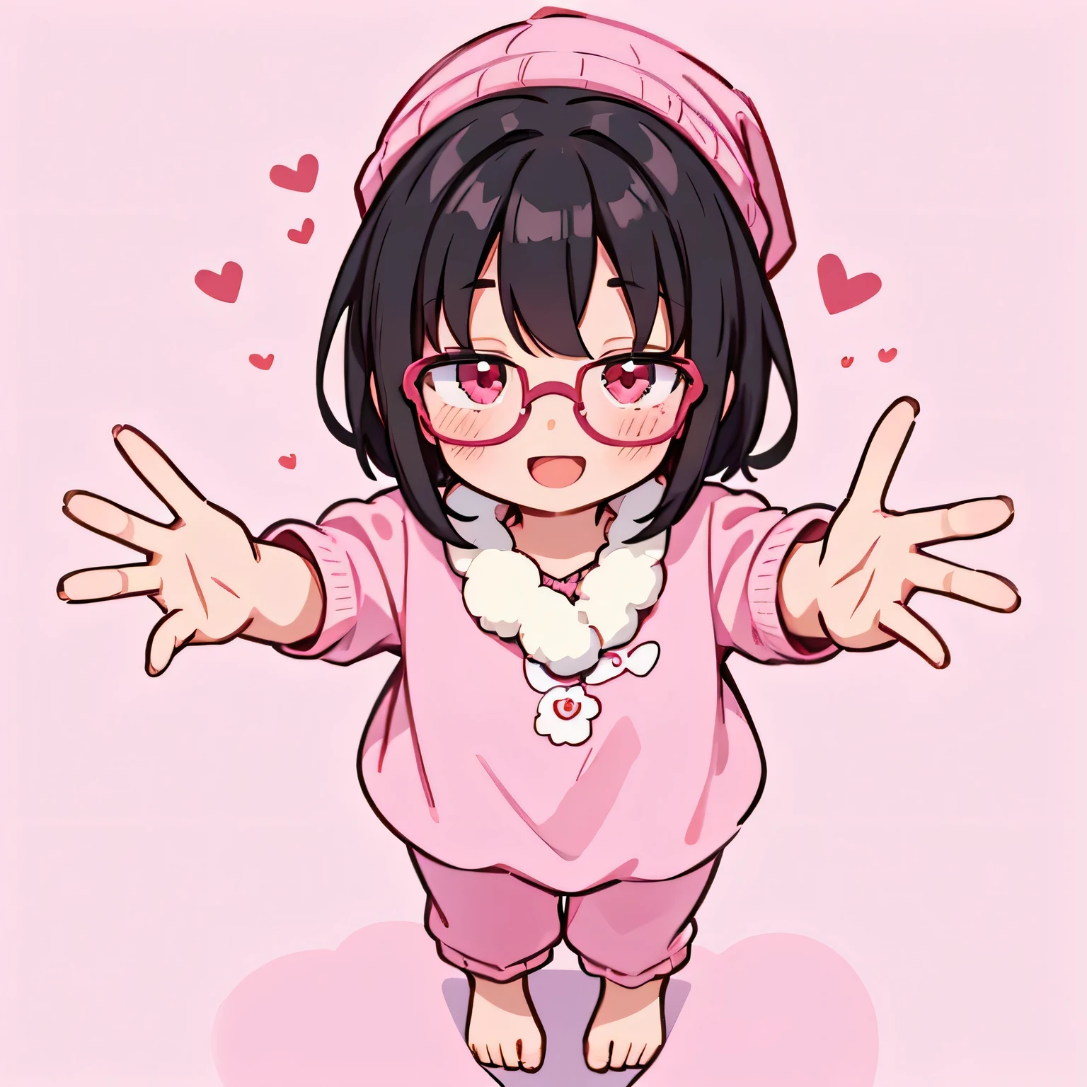 beautiful, illustration, ((best quality)), cute girl, bedroom, pastel color, (pink theme), middle position, high quality, perfect lighting, cute little girl, detailed face, happy smile, laugh, open mouth, heart emoji, open hand, detailed body, full body, black hair, fluffy cut hair, (short) red eyes, beautiful woman, 1 girl, solo, Pajamas , (pink), pink Beanie, small breasts, I shaped Balance pose, Round Glasses Black,