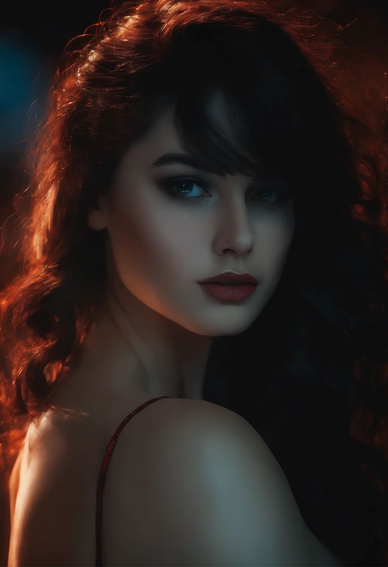 best quality,ultra-detailed,realistic,portrait,policromada,1girl,night,dark,black hair,naked,lingerie,intensely detailed eyes,lips,vivid colors, top half,body viewer facing, limited palette,black background, luminous lighting.