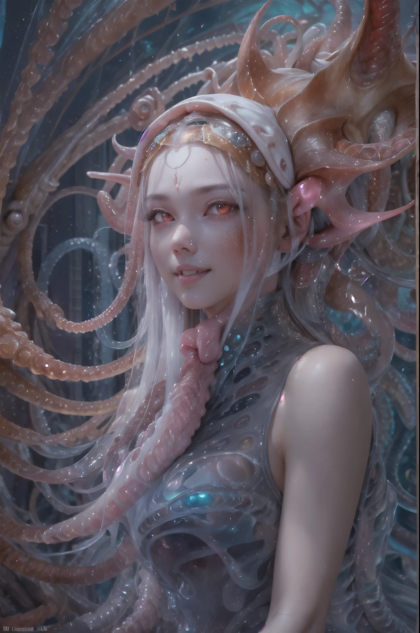 scary and sexy detailed art in color, Portrait, (beautiful and obscene female alien:1.4), (vulgarity1.7), (she has red eyes with no pupils:1.8), (Translucent white skin:1.7), (There is a female genital-like organ in the middle of the forehead:1.9), (The most beautiful face in the history of the universe:1.2),an evil gaze that seduces, (large mouth:1.1), (sharp teeth like a vampire:1.2), Full body portrait, (bio luminescent:1.5), (Smile wickedly:1.3), (sexypose:1.5), alien, No humans, cells are fused, (Lots of translucent tentacles:1.3) extraterrestrial, cell, bio image, best quality, 8K, In 4K_quality, High freshness, Dramatic Lighting, masutepiece:1.5,cinematic quality, detail up, (exquisite details:1.2), high resolution, High freshness, drawing faithfully, (Thick eyebrows:1.2), Beautiful eyes with fine symmetry,(Highly detailed face and eyes:1.2), Intimate face, (Super detailed skin quality feeling:1.4), perfect anatomy, (Beautiful toned body:1.5), (Moist skin:1.2), not wearing makeup, (dark circles:1.1), long canines, cinematic drawing of characters, ultra high quality model, cinematic quality, detail up, (exquisite details:1.2), high resolution, High freshness, drawing faithfully, official art, Unity 8K Wall paper, best quality, Very high resolution, ultra detailed artistic photography, midnight aura, unreal engine 5, Ultra Sharp Focus, art by Amano Yoshitaka, ArtGerm, Roisch, intricate artwork, best quality, masterpiece, ultra high resolution, (photos realistic:1.4), ultra realistic realism, dream-like, nautilus, Creation of fantasy, Snail, Dream Snail, (biopunk nautilus:1.3),Thrilling color schemes, ultra realistic realism, seductively smiling, Blue tentacles, Amazing mutation, well-proportioned body, goddess of the deep sea