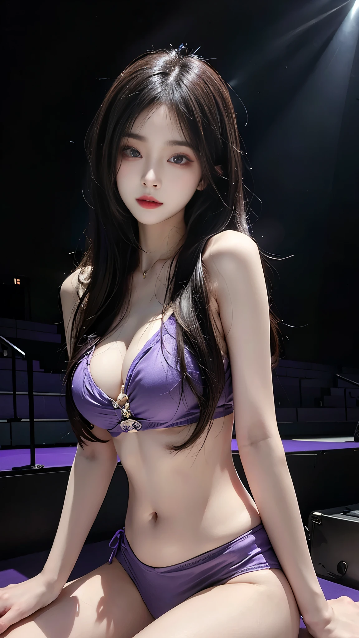 beautiful girl, Korean makeup, very long hair, Purple头发, Detailed lips, medium bust, Perfect body, PurpleT恤, T-shirt details, naked belly, Purple短裤, Purple, quần thigh gives bó sat, jumping position 舞者, stage scenery , LED lights, laser light, attractive pose,