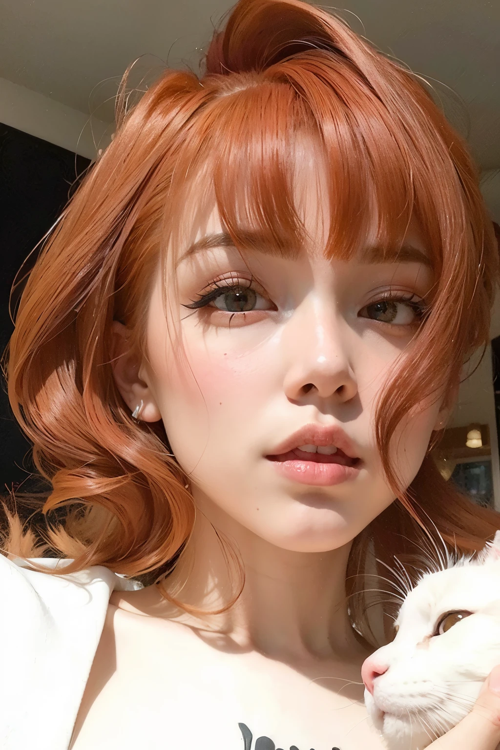 Araffe with red hair and a white cat in his arms, Lalisa Manobal, o corte Hime, cabelo castanho coral, neat hair com franja, franja fofa, Lalisa Manoban do Blackpink, com franja completa, with short hair com franja, com franja, penteado com corte hime branco, Sun Yunjoo, red hair and attractive features