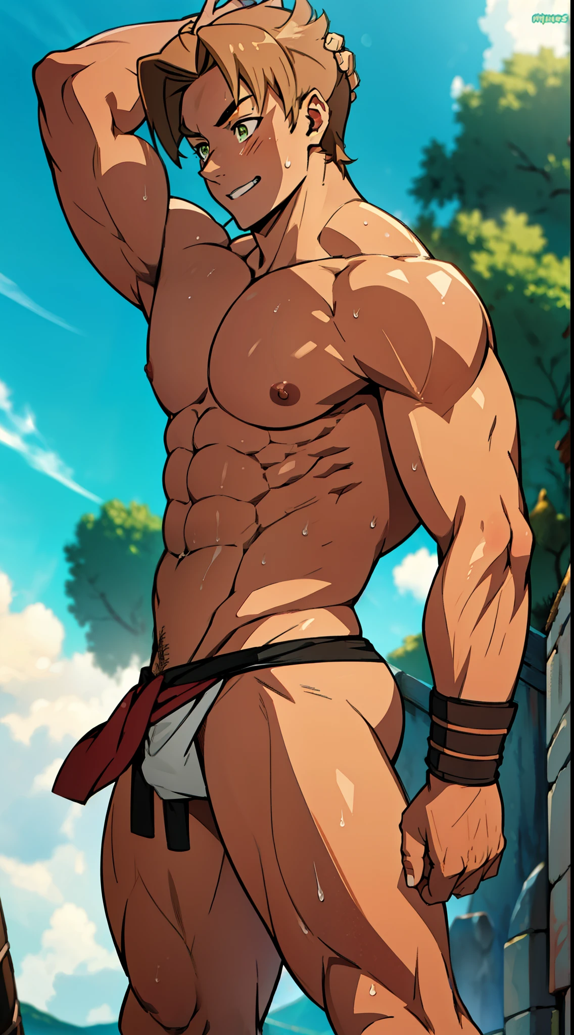 red skin, bright red skin, the boy blushed shyly , rosy skin, shiny skin(muscular thigh muscles )( anime style, art) (photo angle from bottom up) (photo angle from the ground upwards) [Anime photo][highest quality photo][4k,HD photo quality ] wear tight and short loincloths ,the loincloth bulges due to the erect male genitals (muscular thigh muscles, firm thigh muscles, muscular thigh muscles, sinewy thigh muscles, giant thigh muscles, strong leg muscles, muscular hamstring leg muscles)(thigh muscles bulging as if about to explode, muscular, calloused, sinewy, giant) , Rudeus Greyrat,fun, happy,bodybuilder,bodybuilding, standing, lots of sweat flowing down, topless, shirtless, hot sunny, 8 pack abs , short hair , green eyes, Side View, One hand behind the head.