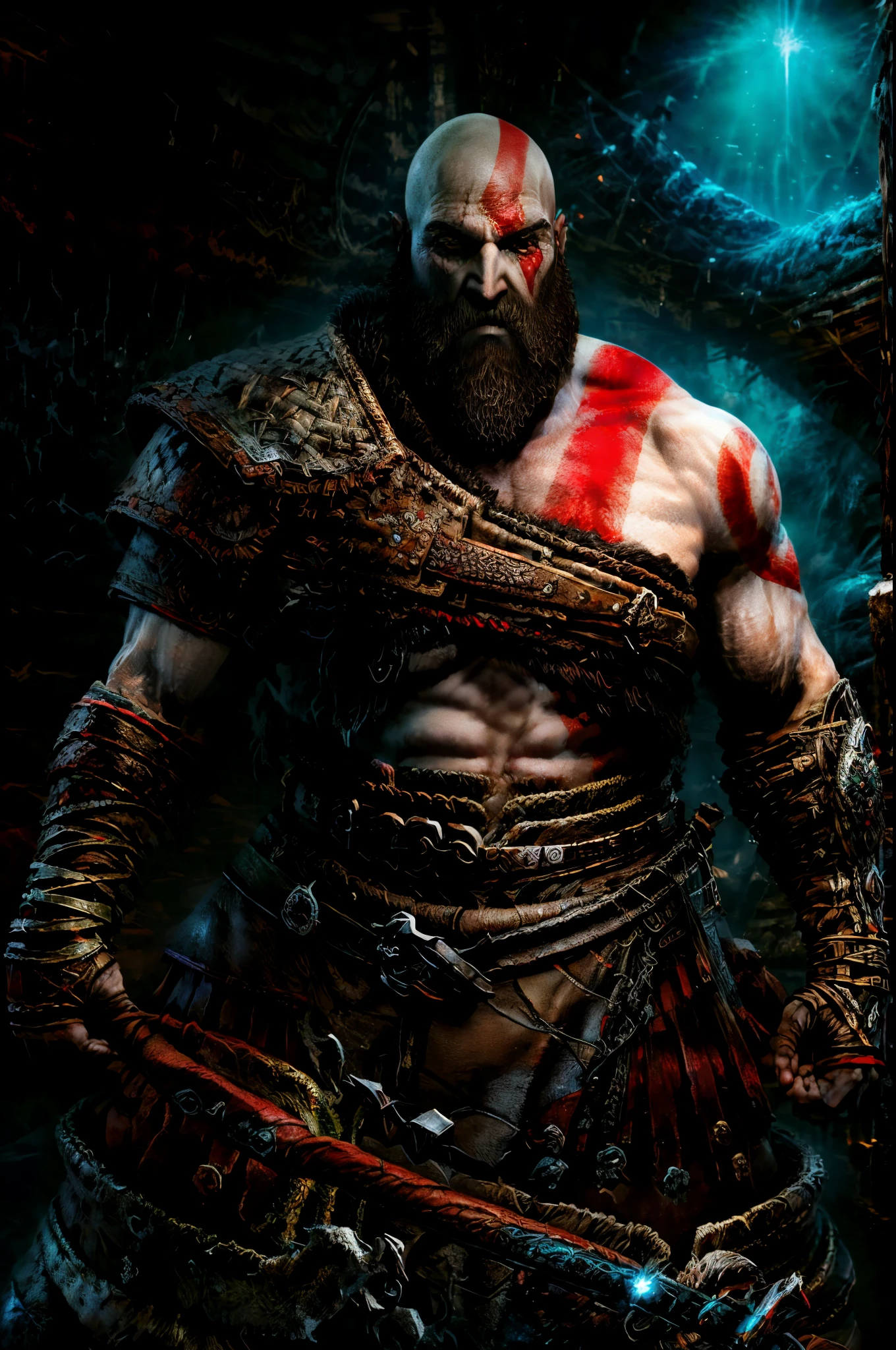 "Kratos" de God of War Ragnarok, Con barba y bigote, Calvo, Sin armadura, Sentado en un trono, mostrando solo el rostro, Ojos derechos y detallados, Rostro detallado, Estilo de Greg Rutkowski, Maximum quality and maximum details.
