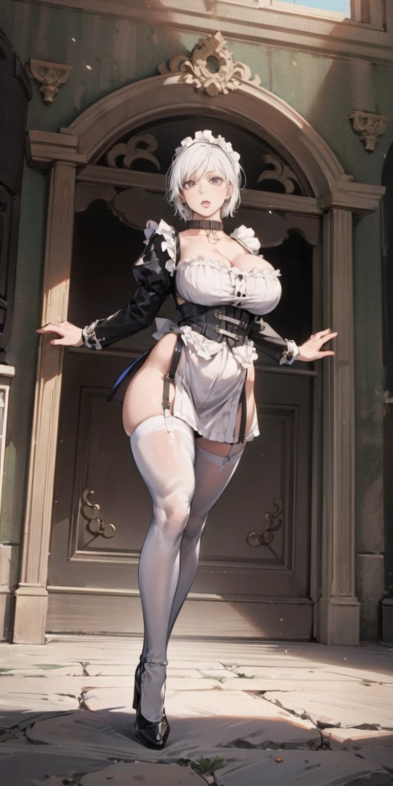 White hair , short hair, pinched eyes, (big-:1.5), Thin legs, thin body, leather collar, Maid outfit victorian, dynamic pose, full body, view from below, wide hips, kneel
