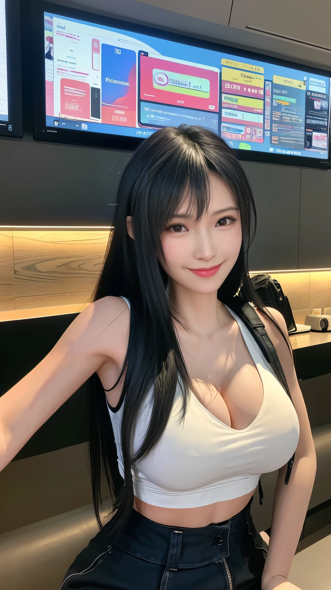 (8k, best quality, masterpiece:1,2), (actual, photo-actual:1,37), top quality, masterpiece, a beautiful woman, DJ music playing, wearing headphones, Beautiful and tight figure, tight clothes, split, There is a small tattoo on the chest, Charming smile and dimples,Big breasts,Big breasts,exposing her chest,exposing her chest,