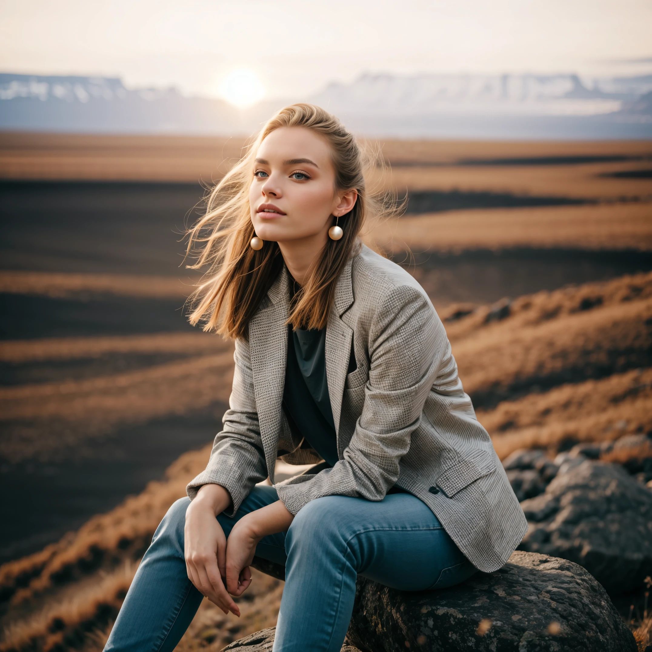 Half-length photo of 20-year-old Icelandic beauty, extremely detailed eyes, pretty face, Delicate natural skin and pores, sitting cross-legged on a rock, Looks calm., oversized suit jacket, skinny jeans, loafers, shoulder bags, earrings, (commend, Bokeh), By Marta Bevacqua, prime time, Cinema lighting, (Haze filter, film grain:1.2)