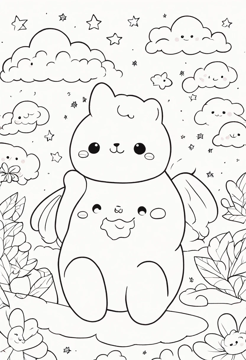 Squishmallow coloring pages featuring a cozy scene with adorable characters, soft pastel shades accentuating their plushy forms, set against a background of fluffy clouds and stars, Illustration, colored pencils on textured paper, --ar 16:9 --v 5